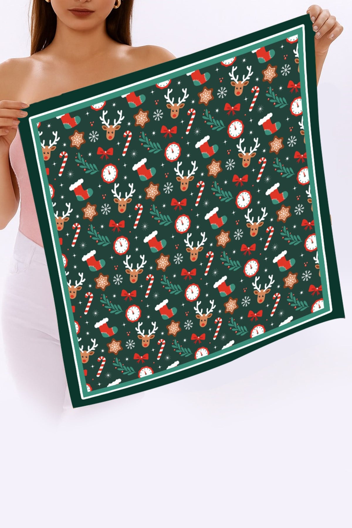 Yeni Sezon Yılbaşı Desenli Bandana Fular Yeni Yıl Hediyesi Şal Estascarf 70x70 Cm