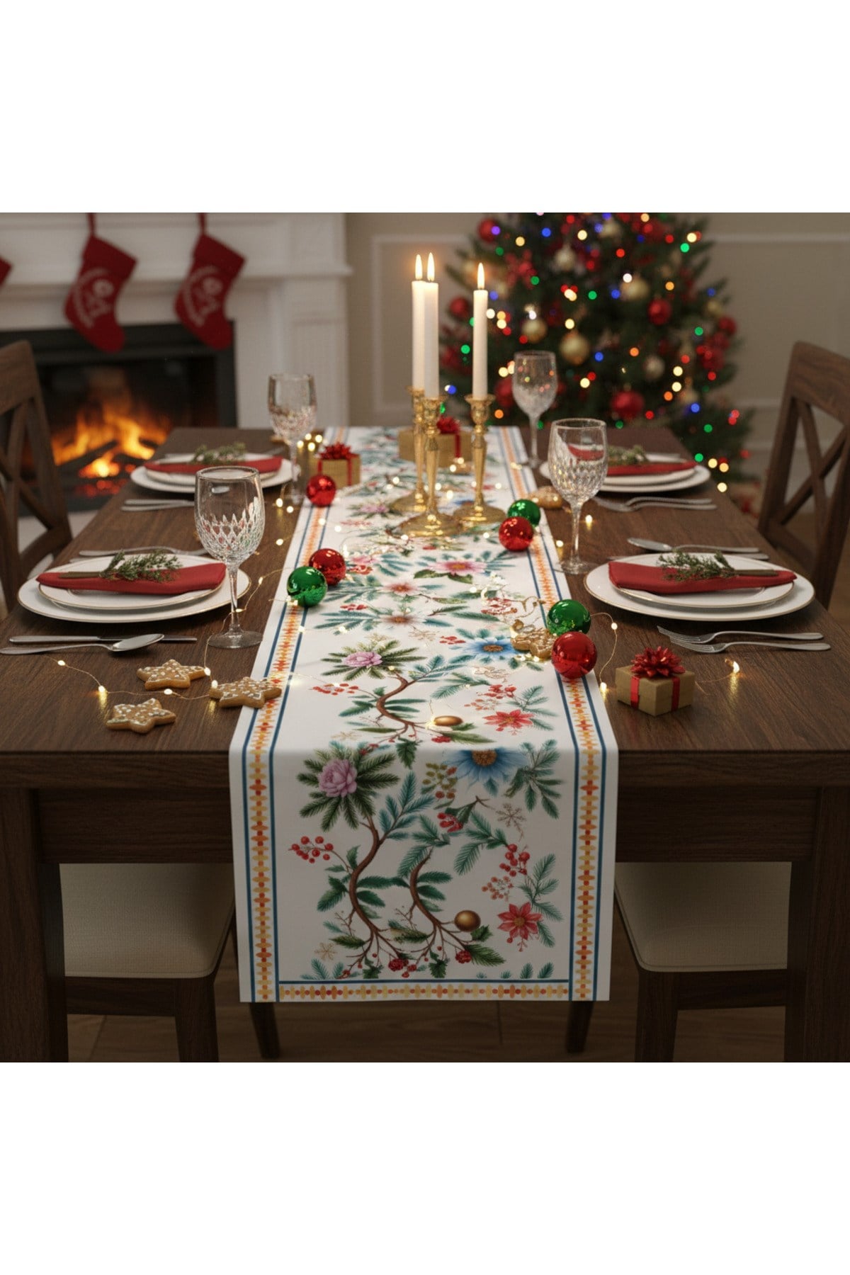 Yılbaşı Temalı Dijital Baskılı Runner Örtüsü Christmas 40x140 cm