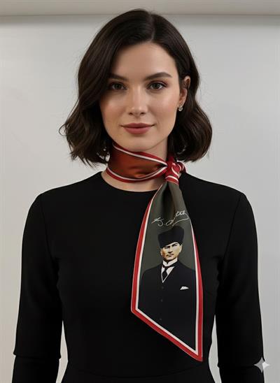 Atatürk Fotoğraflı ve İmzalı Türk Bayraklı Kravat / Eşarp / Fular