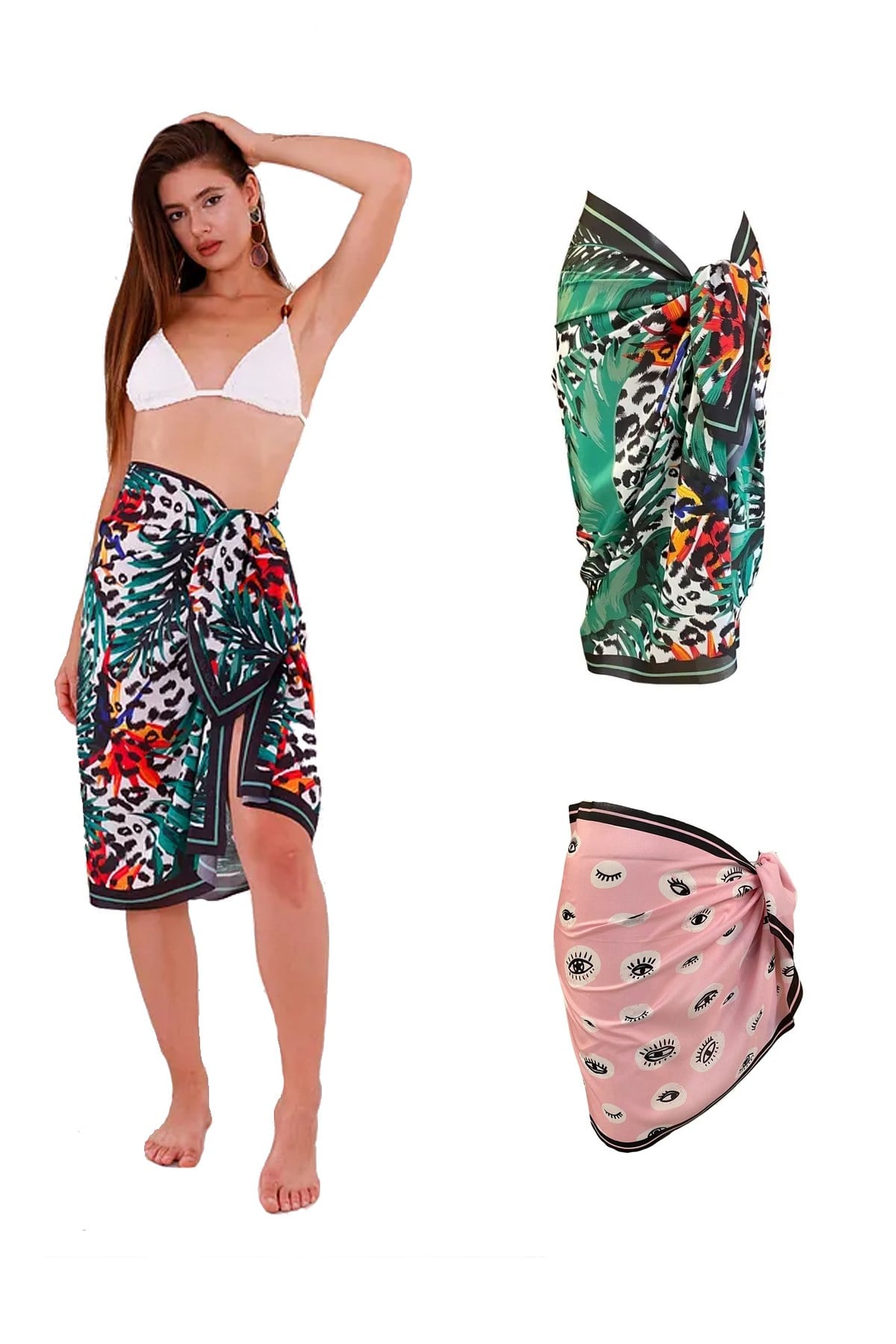 2’li Pareo Set – Jungle Desenli 1 Uzun Pareo & Pembe Göz Desenli1 Kısa Pareo Set