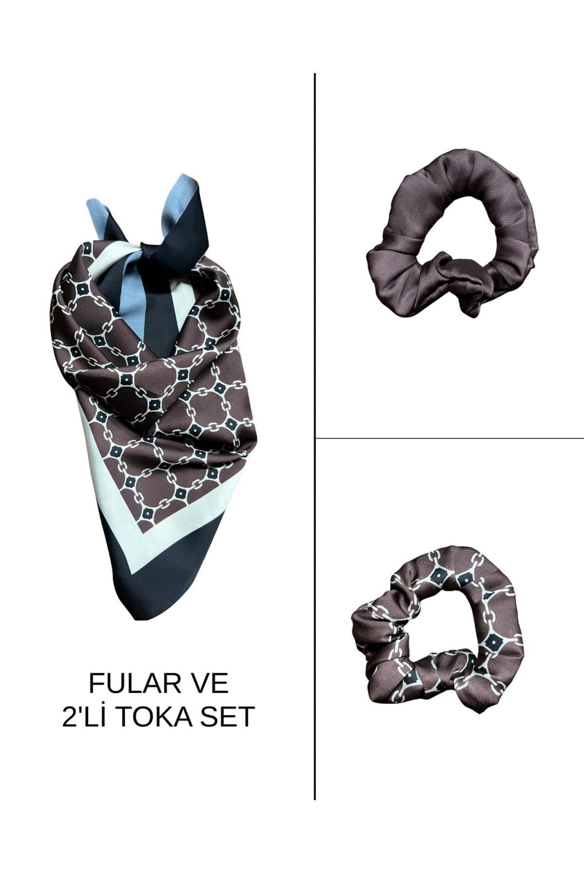 Kadın Dijital Baskılı Fendy Fular & Simit Toka Seti – 1 Fular (48×48 cm) + 2 Simit Toka