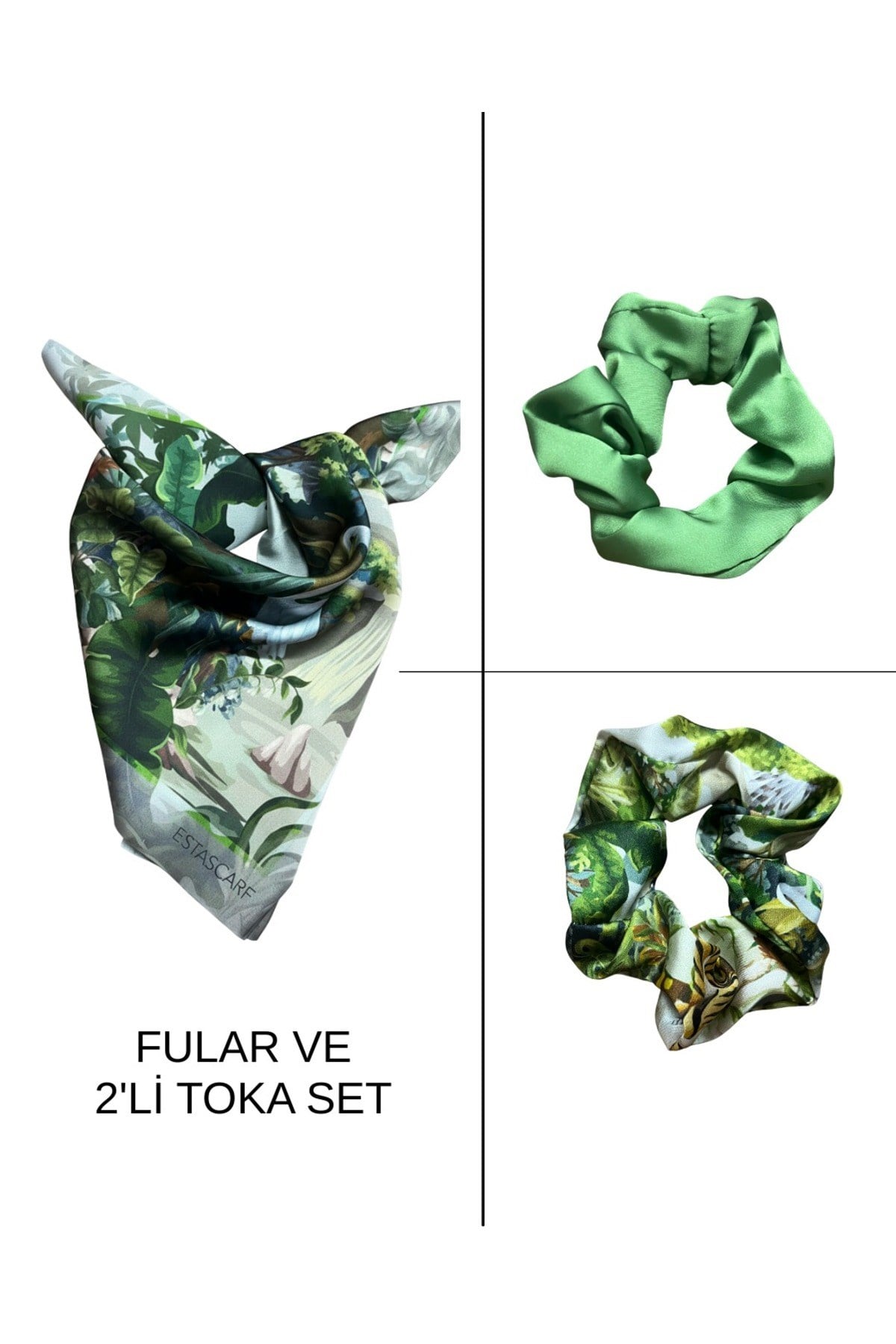 Kadın Dijital Baskılı Göz Fular & Simit Toka Seti – 1 Fular (48×48 cm) + 2 Simit Toka