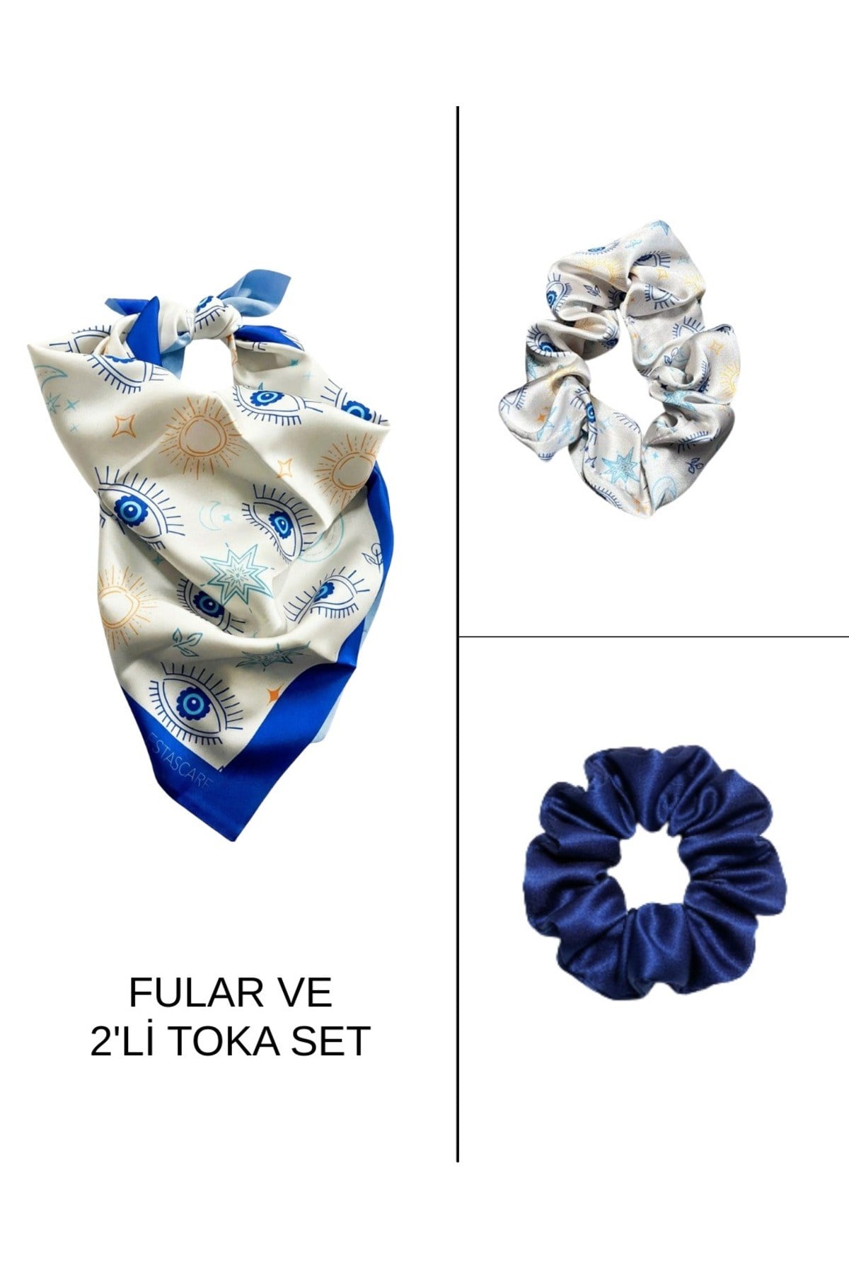 Kadın Dijital Baskılı Göz Fular & Simit Toka Seti – 1 Fular (48×48 cm) + 2 Simit Toka