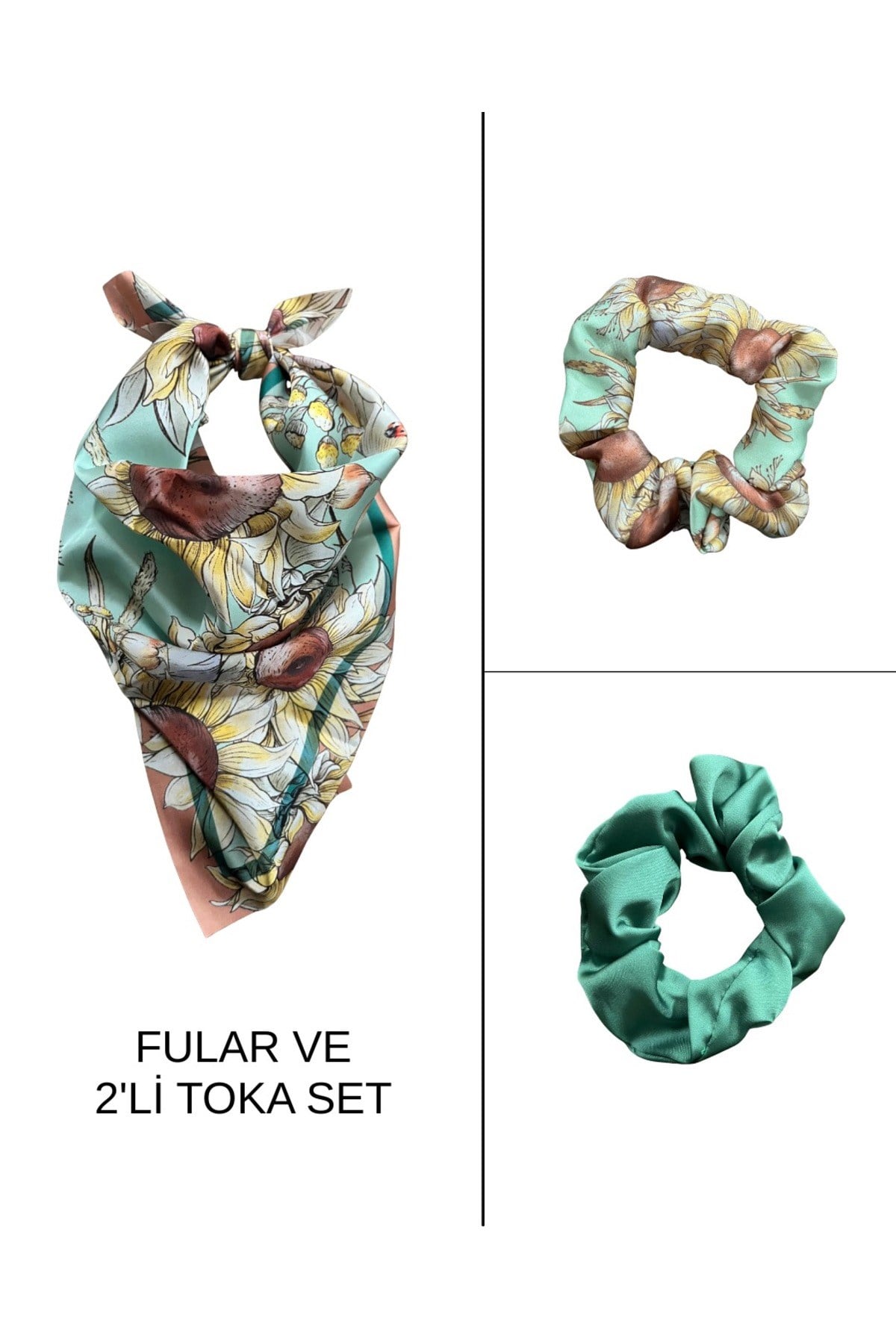 Kadın Dijital Baskılı Göz Fular & Simit Toka Seti – 1 Fular (48×48 cm) + 2 Simit Toka