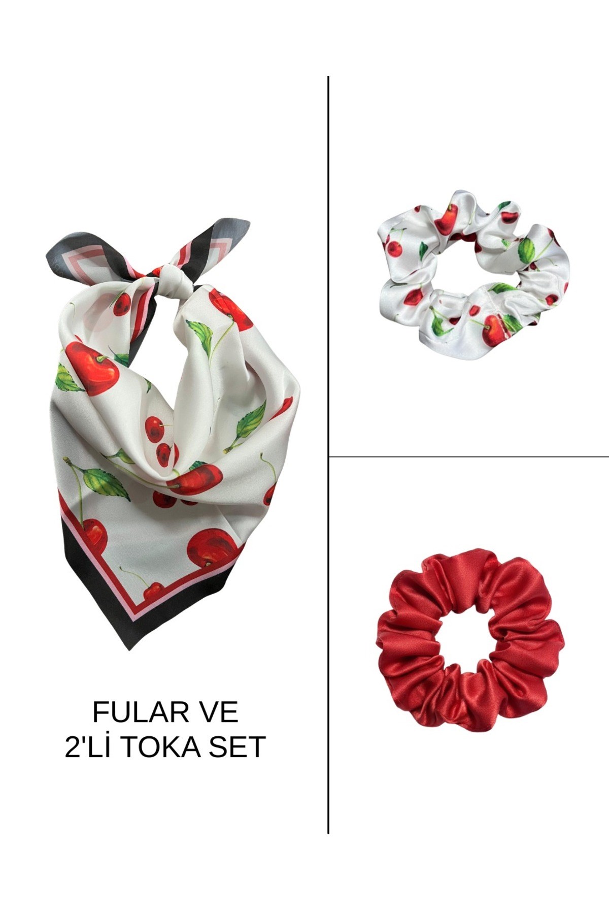 Kadın Dijital Baskılı Kiraz Fular & Simit Toka Seti – 1 Fular (48×48 cm) + 2 Simit Toka