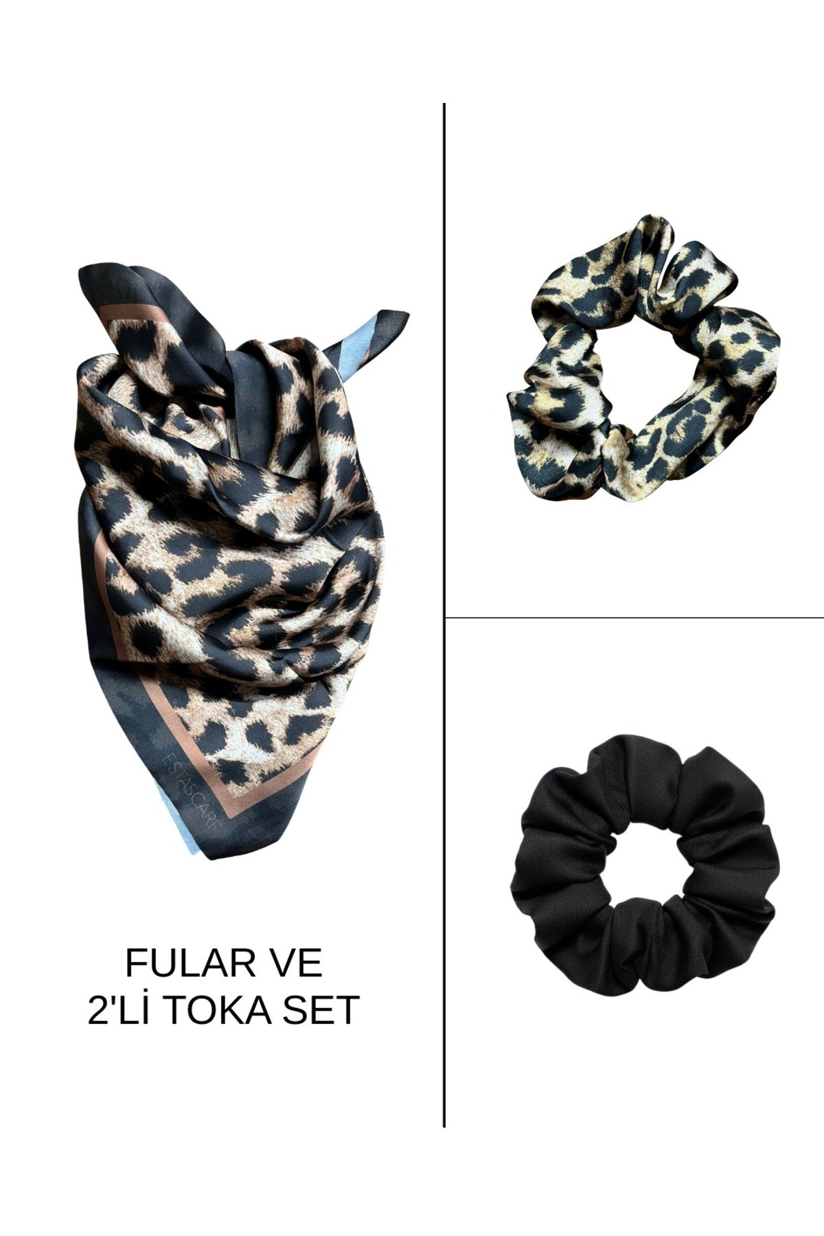 Kadın Dijital Baskılı Leopar Fular & Simit Toka Seti – 1 Fular (48×48 cm) + 2 Simit Toka