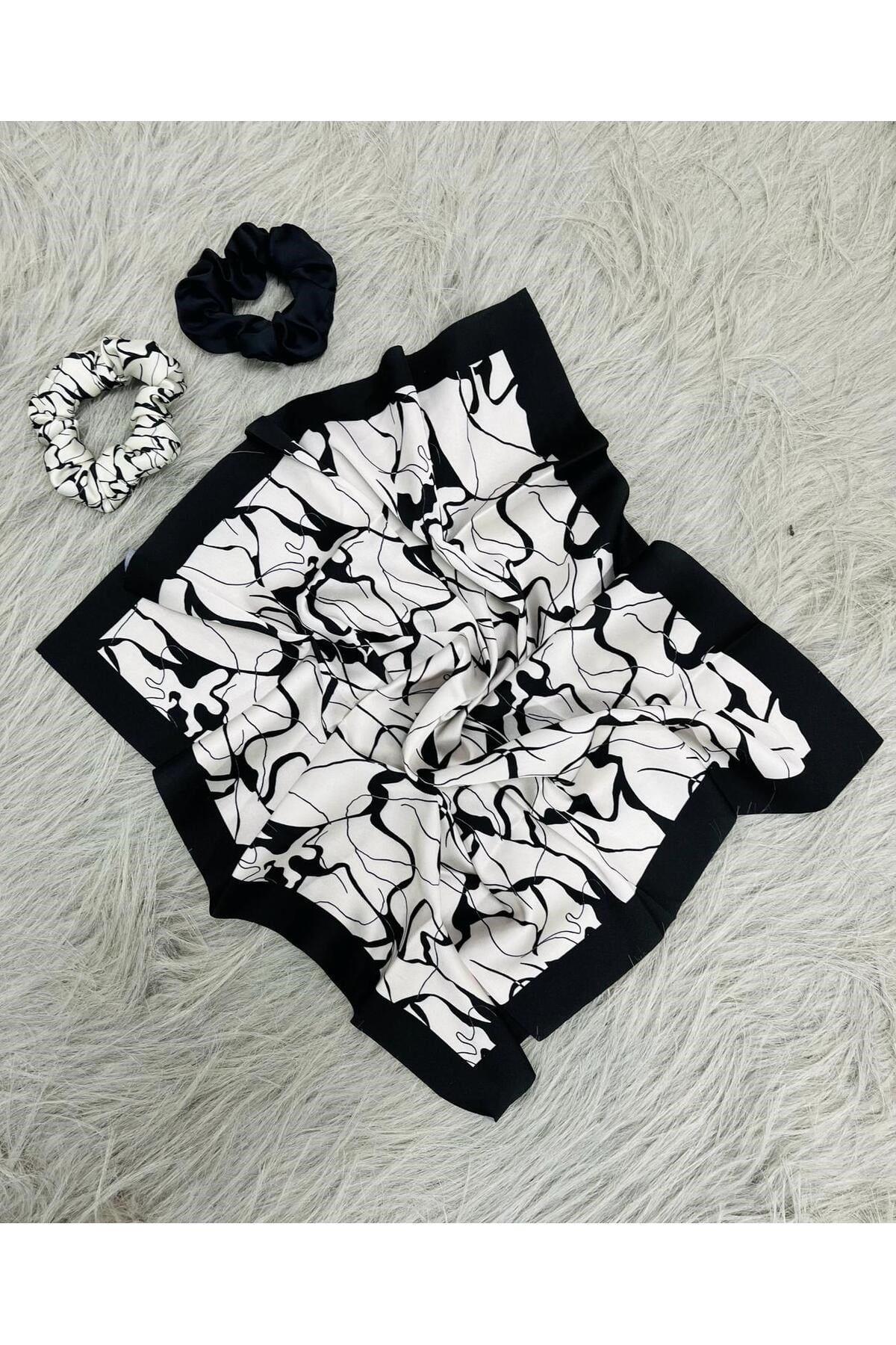 Kadın Dijital Baskılı Mermer Fular & Simit Toka Seti – 1 Fular (48×48 cm) + 2 Simit Toka