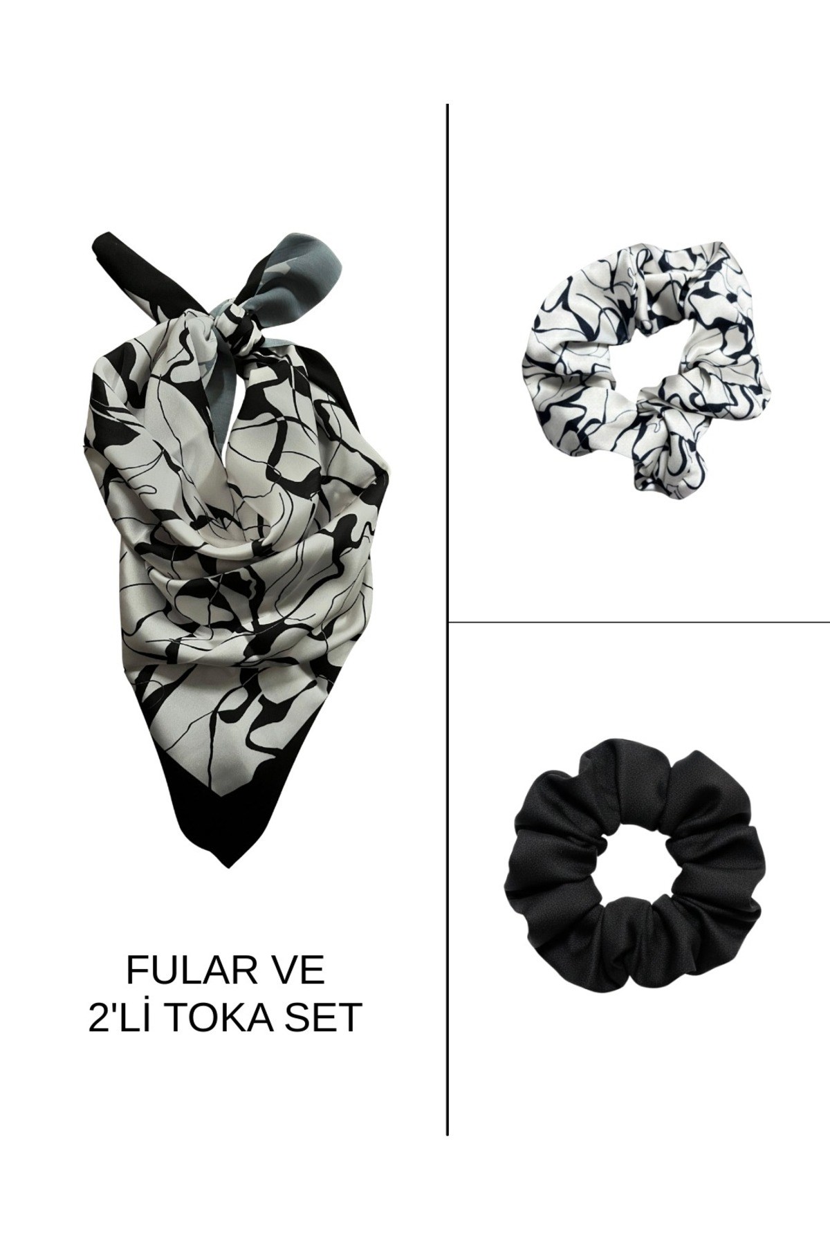 Kadın Dijital Baskılı Mermer Fular & Simit Toka Seti – 1 Fular (48×48 cm) + 2 Simit Toka