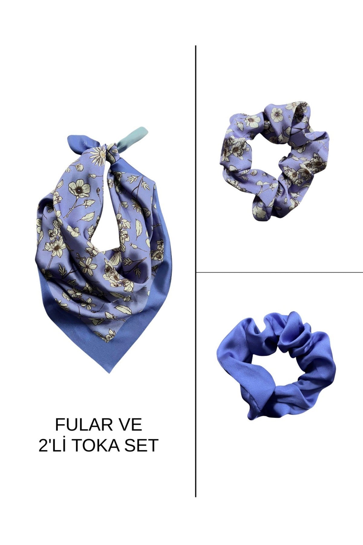 Kadın Dijital Baskılı Mor Çiçek Fular & Simit Toka Seti – 1 Fular (48×48 cm) + 2 Simit Toka