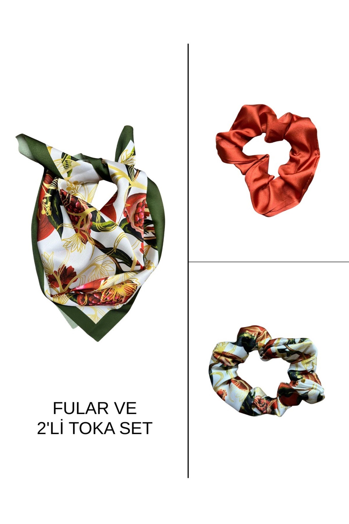 Kadın Dijital Baskılı Nar Fular & Simit Toka Seti – 1 Fular (48×48 cm) + 2 Simit Toka