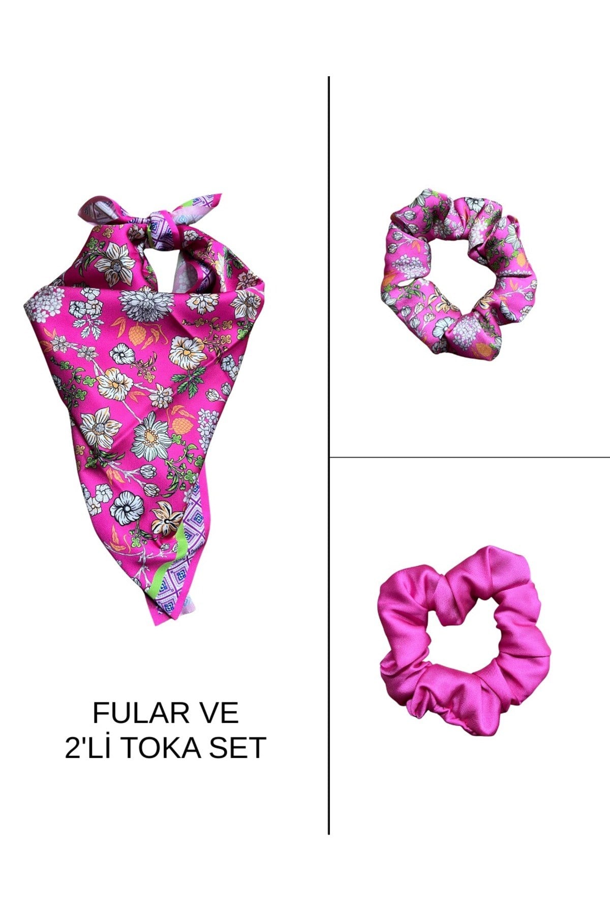 Kadın Dijital Baskılı Pembe Çiçek Fular & Simit Toka Seti – 1 Fular (48×48 cm) + 2 Simit Toka