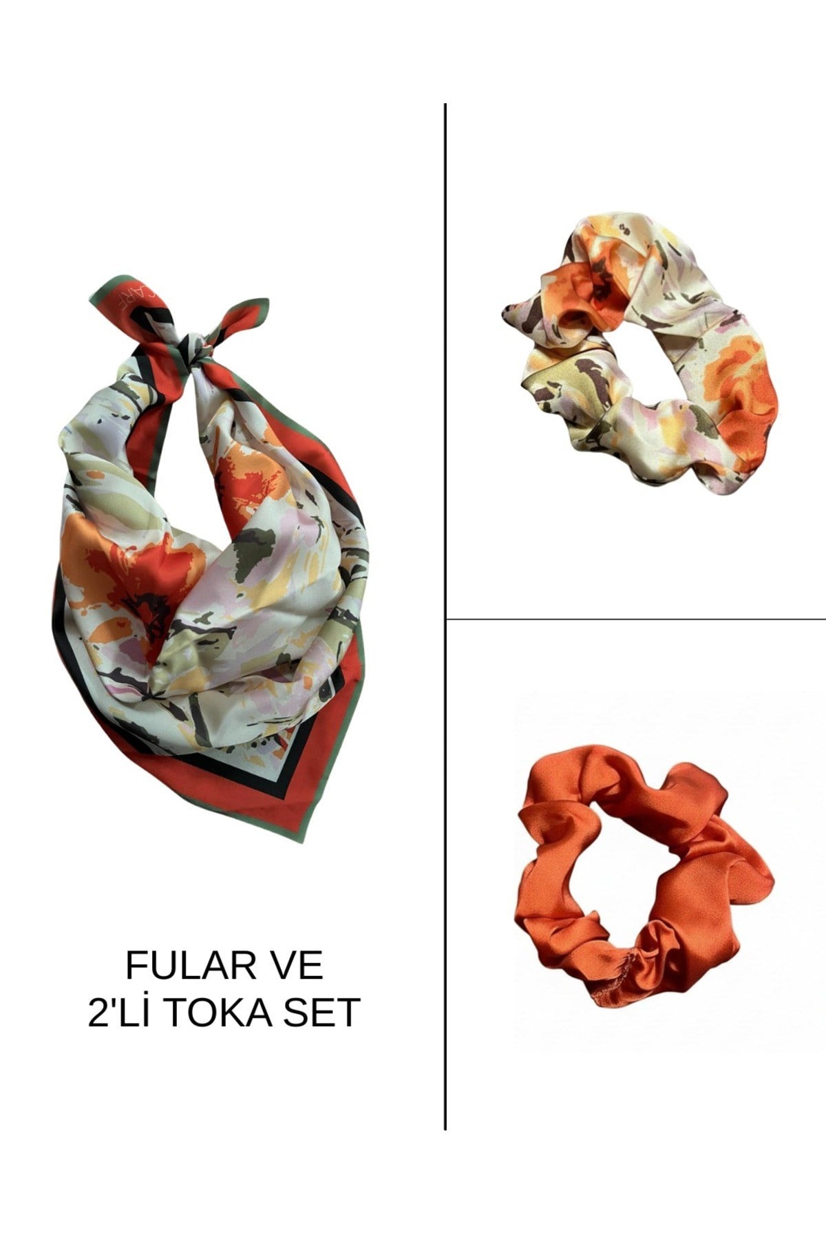 Kadın Dijital Baskılı Şifon Saten Fular & Simit Toka Seti – 1 Fular (48×48 cm) + 2 Simit Toka