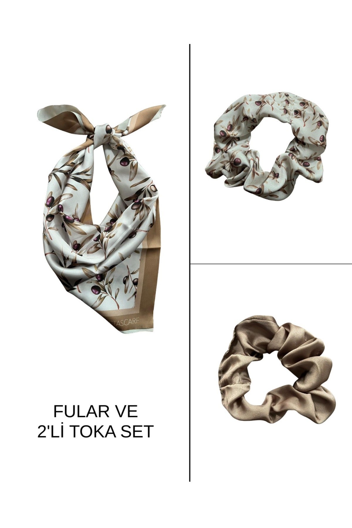 Kadın Dijital Baskılı Zeytin Fular & Simit Toka Seti – 1 Fular (48×48 cm) + 2 Simit Toka