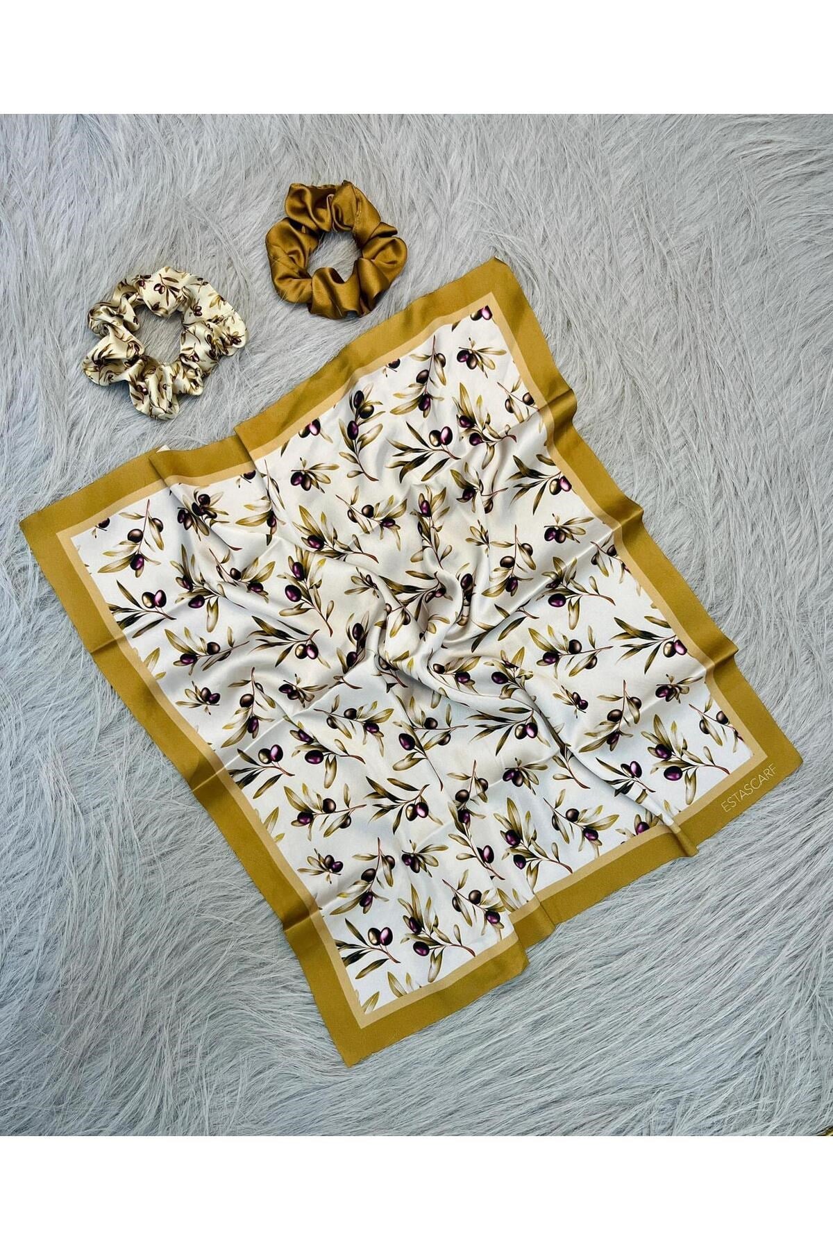 Kadın Dijital Baskılı Zeytin Fular & Simit Toka Seti – 1 Fular (48×48 cm) + 2 Simit Toka