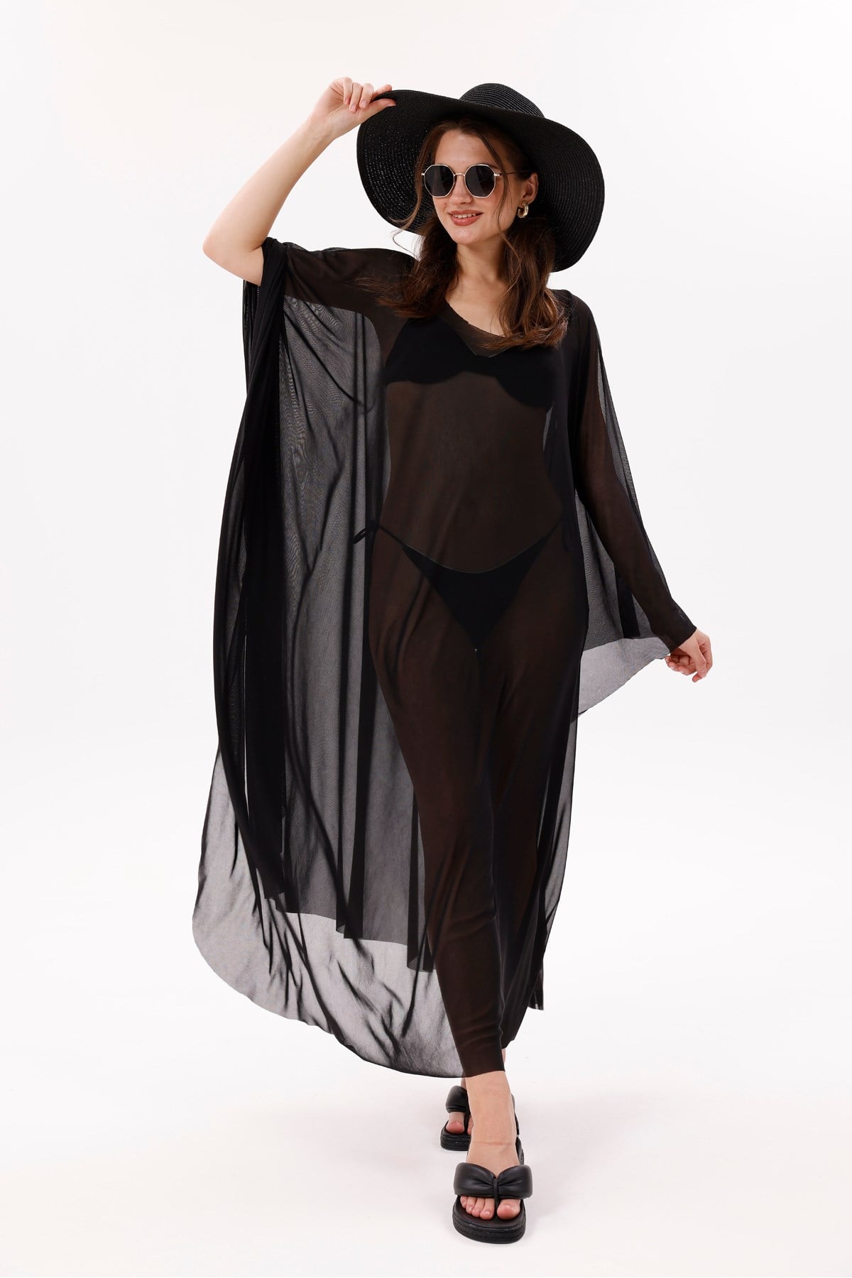 Kimono Pareo - Tesettür Pareo - Puantiyeli Siyah 240x135 Cm