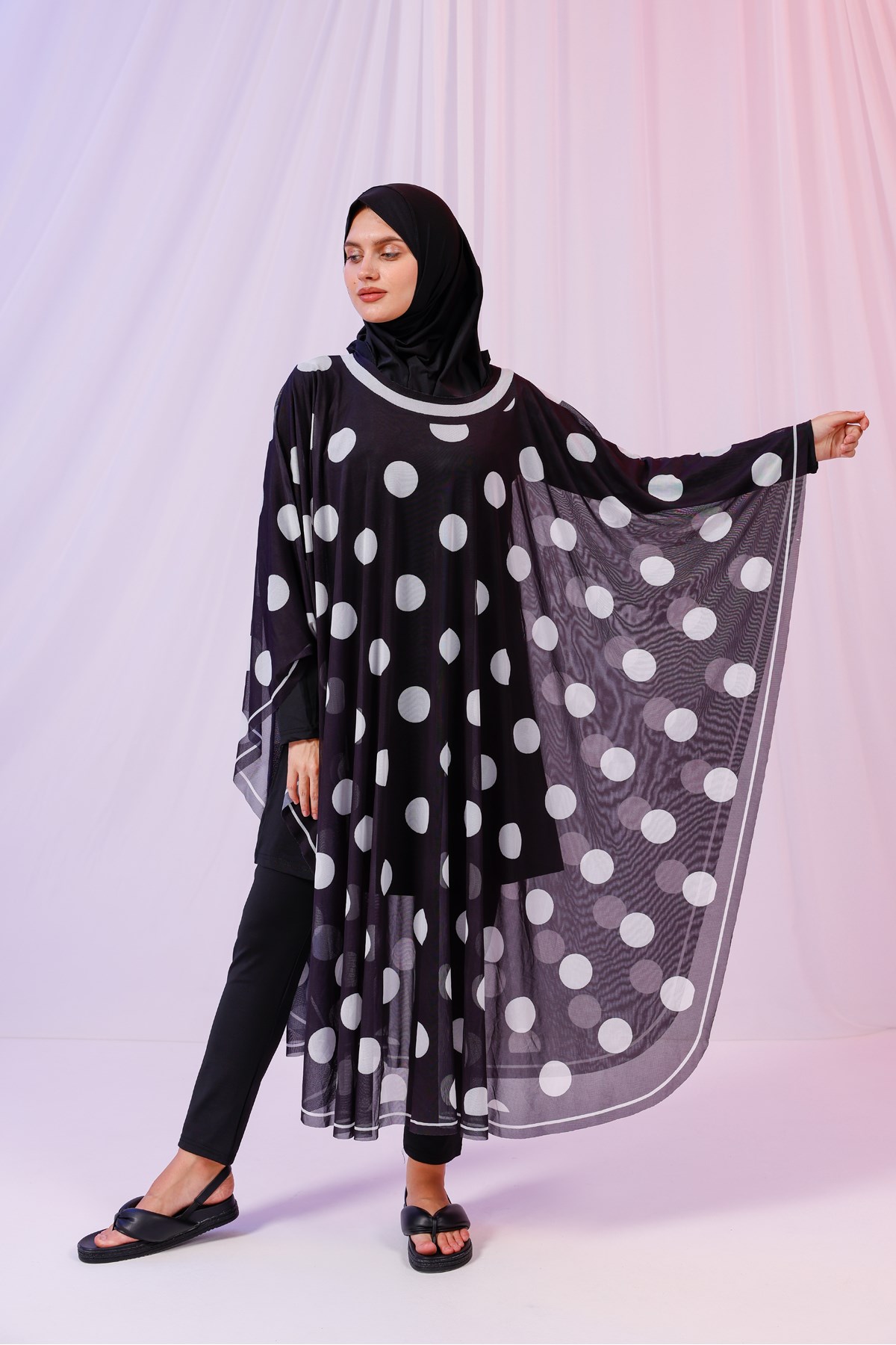 Kimono Pareo - Tesettür Pareo - Puantiyeli Siyah 240x135 Cm