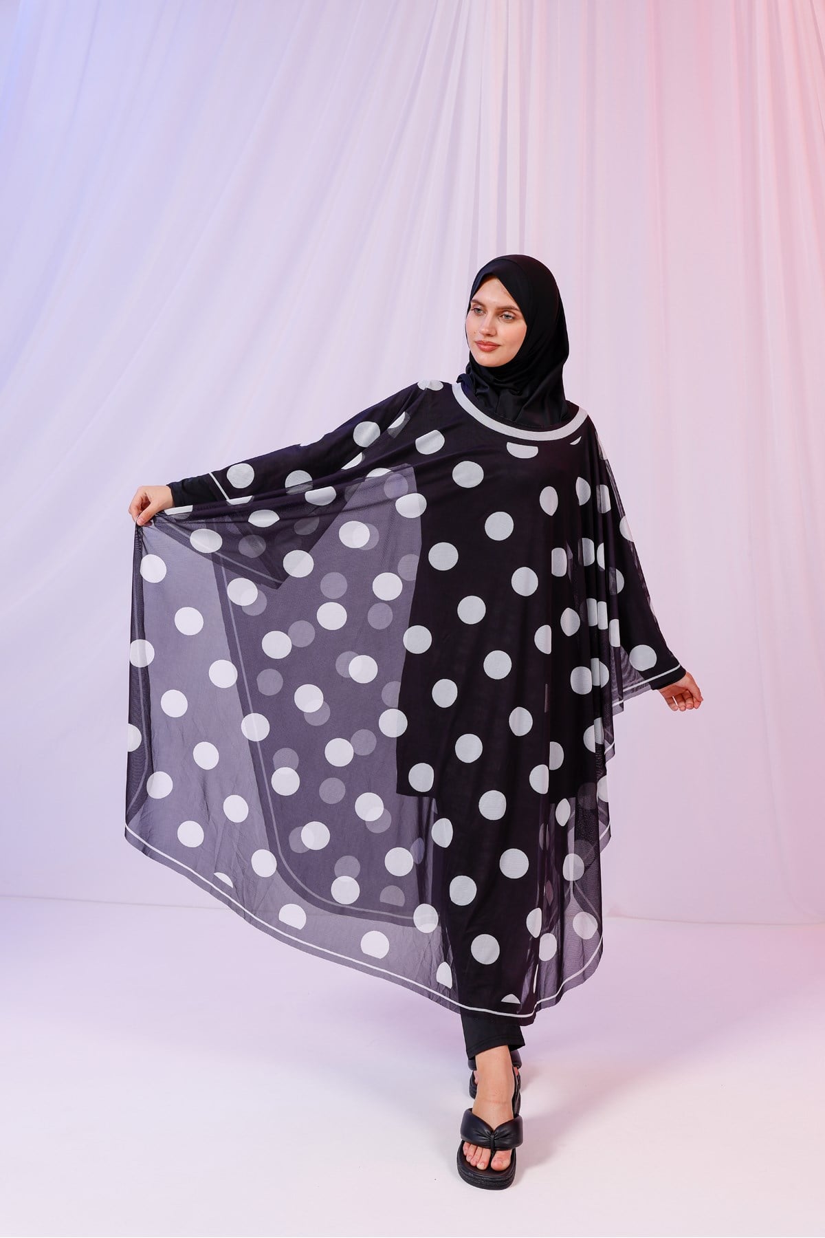 Kimono Pareo - Tesettür Pareo - Puantiyeli Siyah 240x135 Cm