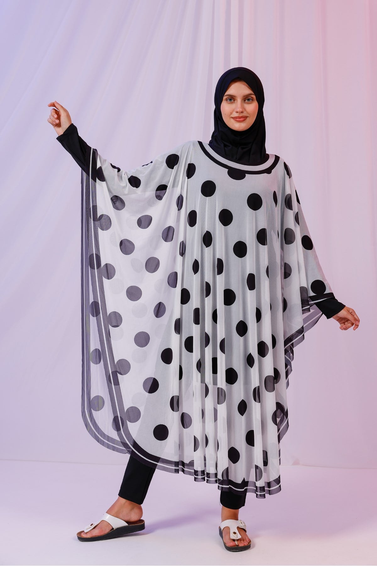 Kimono Pareo - Tesettür Pareo - Puantiyeli Beyaz 240x135 Cm