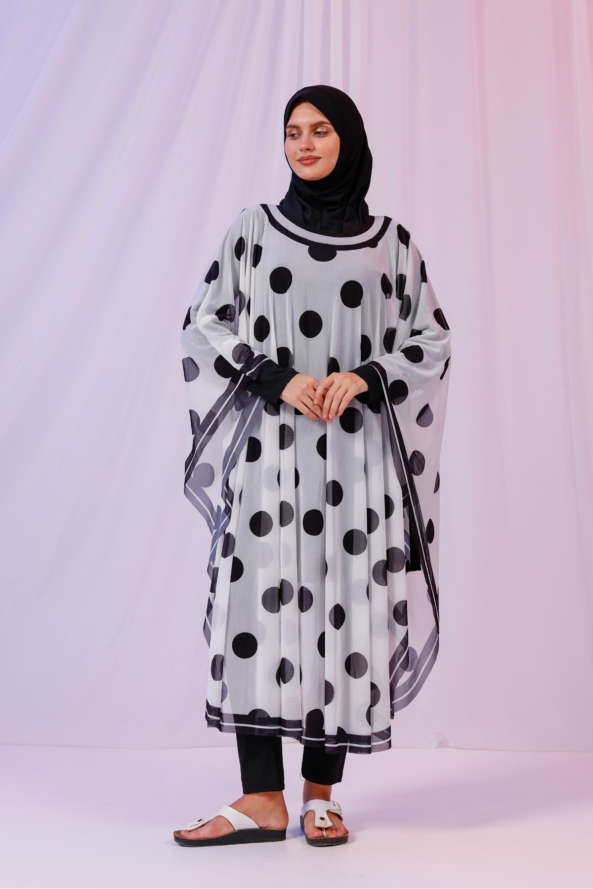 Kimono Pareo - Tesettür Pareo - Puantiyeli Beyaz 240x135 Cm
