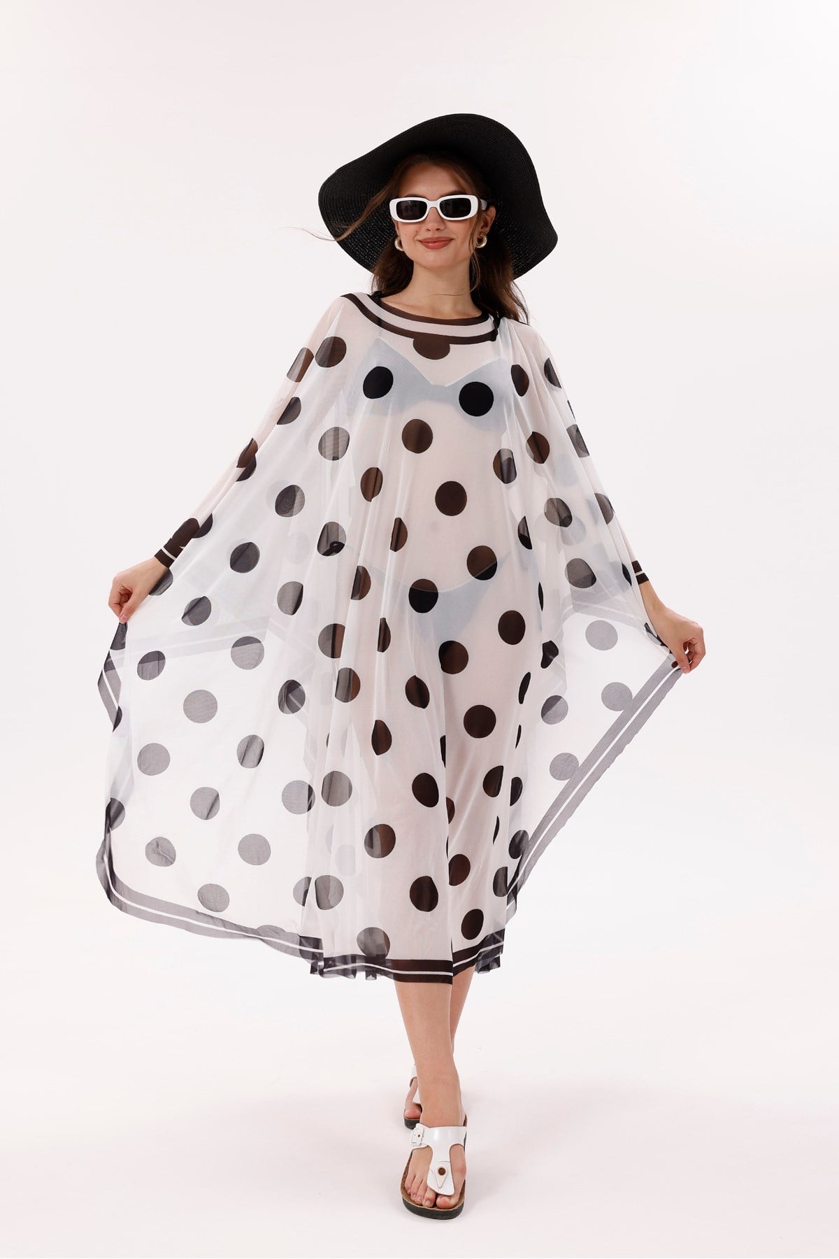 Kimono Pareo - Tesettür Pareo - Puantiyeli Beyaz 240x135 Cm