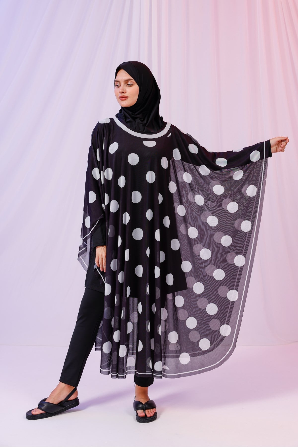 Kimono Pareo - Tesettür Pareo - Puantiyeli Siyah 240x135 Cm