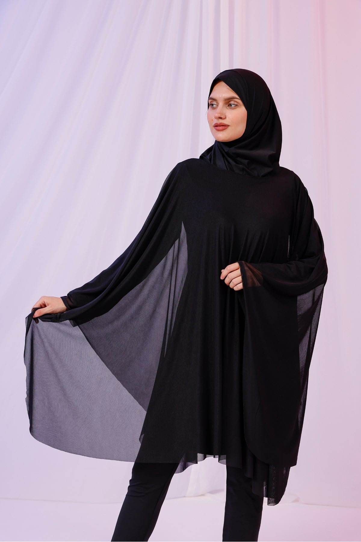 Kısa Kimono Pareo - Tesettür Pareo - Esnek Likralı Tül Siyah 180x135 Cm