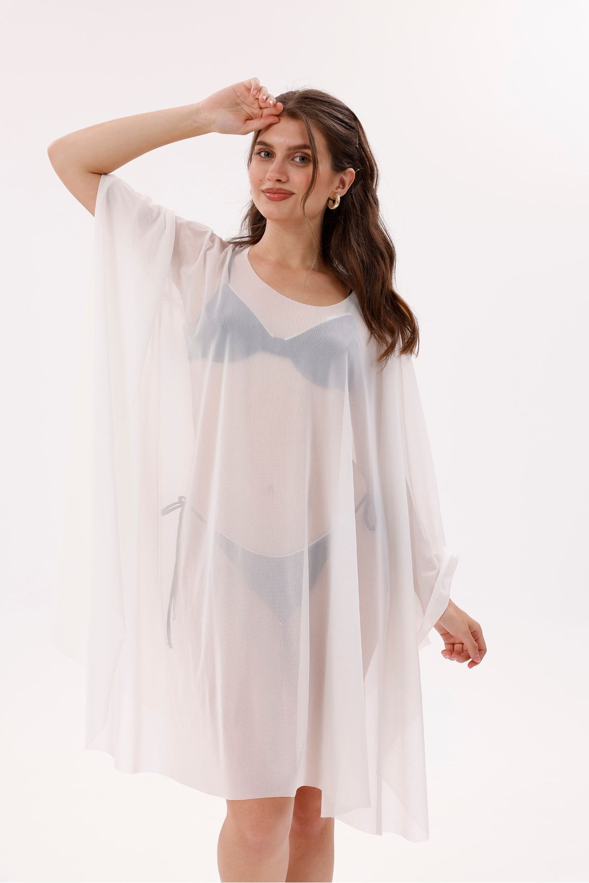 Kısa Kimono Pareo - Tesettür Pareo - Esnek Likralı Tül Beyaz 180x135 Cm
