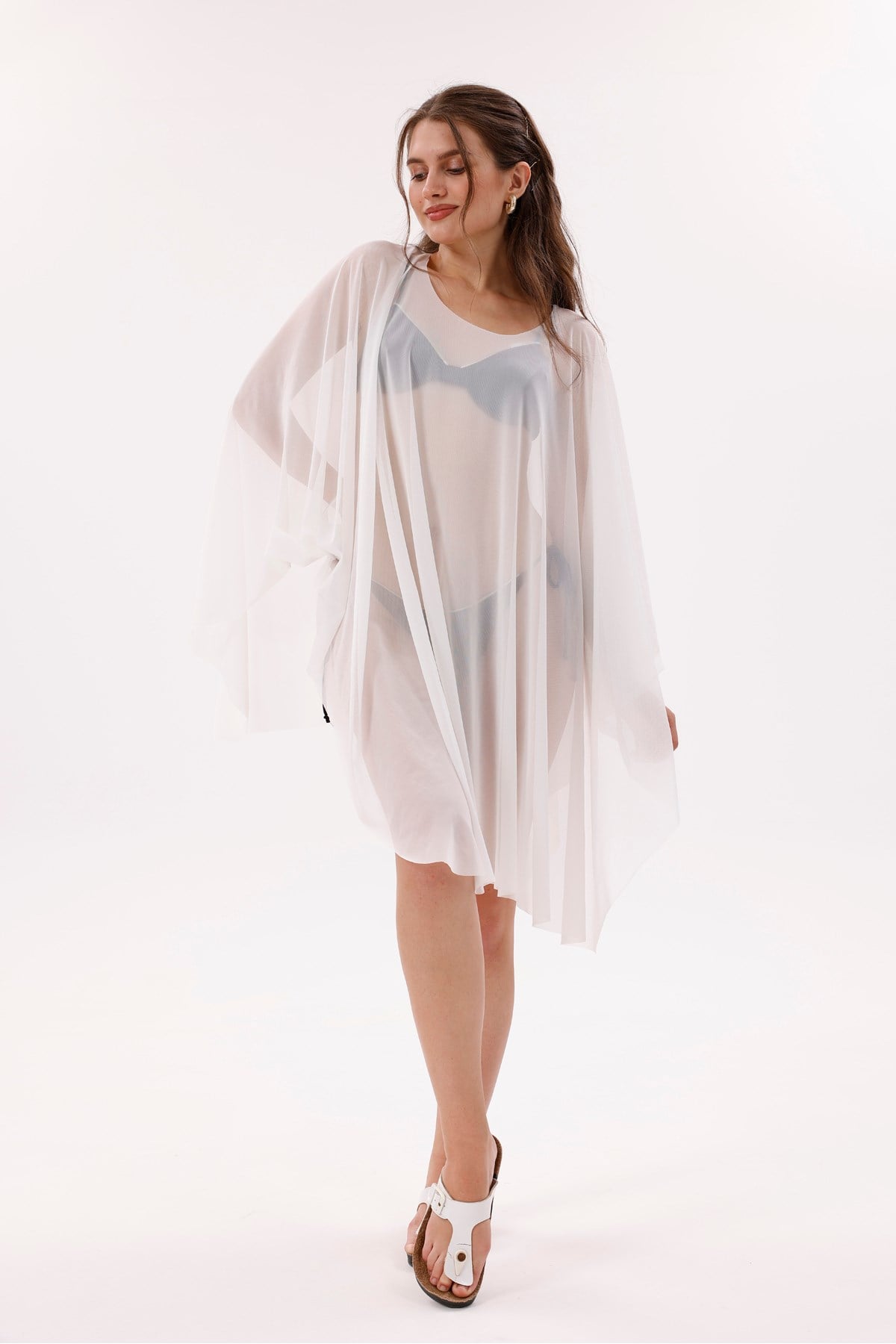 Kısa Kimono Pareo - Tesettür Pareo - Esnek Likralı Tül Beyaz 180x135 Cm