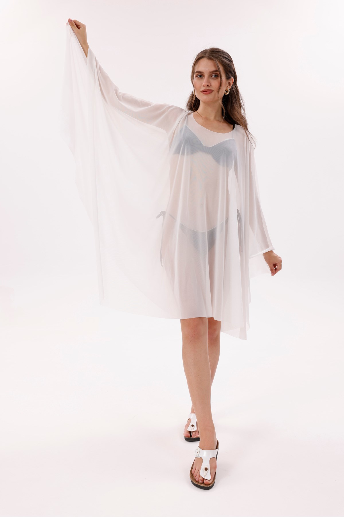 Kısa Kimono Pareo - Tesettür Pareo - Esnek Likralı Tül Beyaz 180x135 Cm