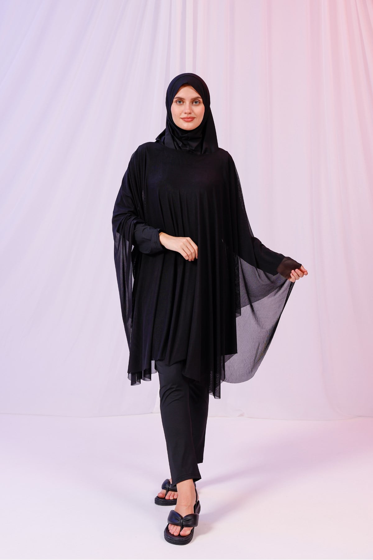 Kısa Kimono Pareo - Tesettür Pareo - Esnek Likralı Tül Siyah 180x135 Cm