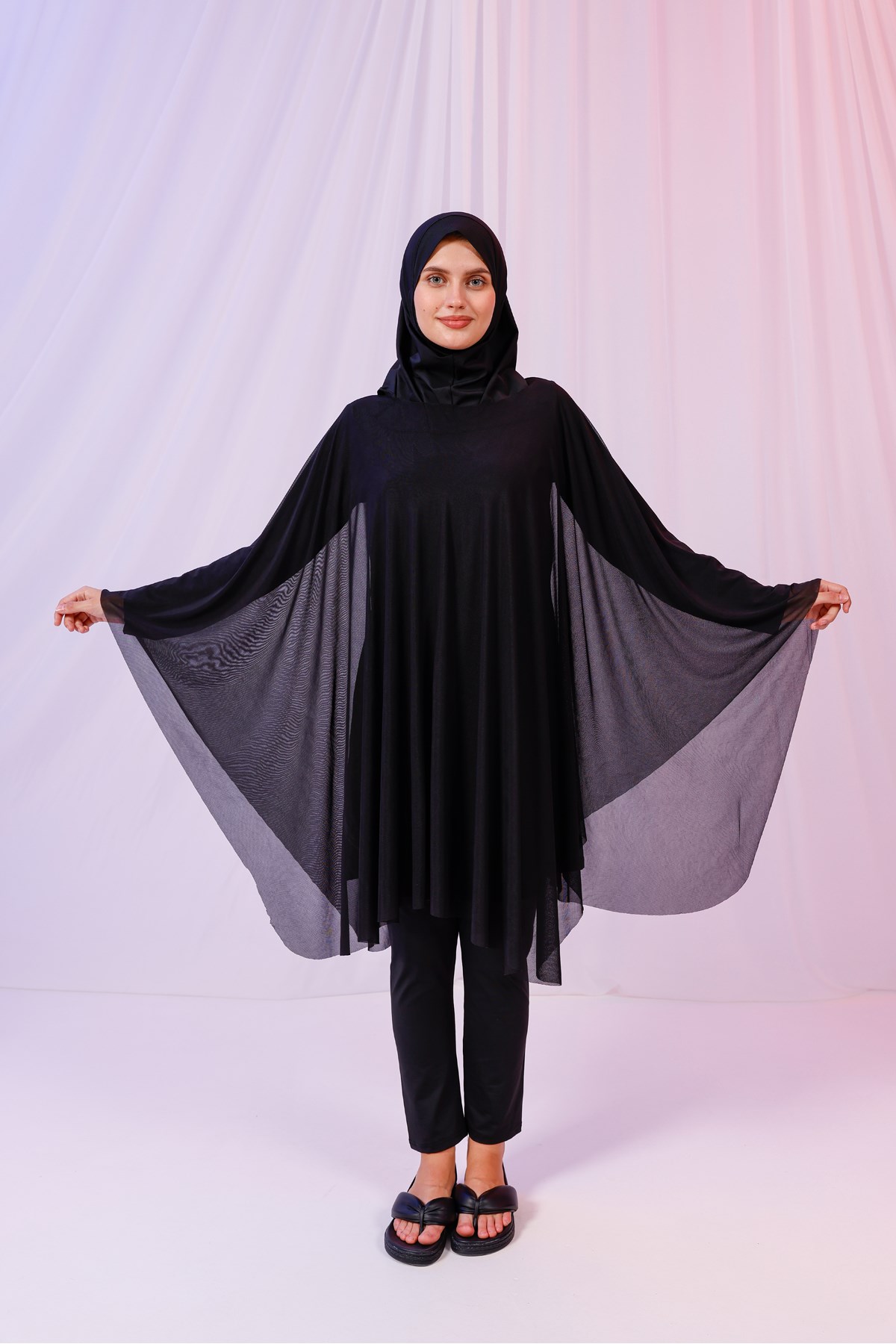 Kısa Kimono Pareo - Tesettür Pareo - Esnek Likralı Tül Siyah 180x135 Cm