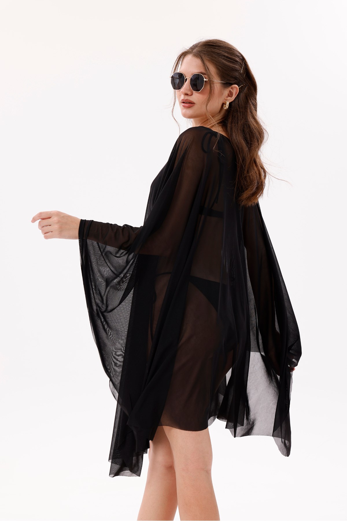 Kısa Kimono Pareo - Tesettür Pareo - Esnek Likralı Tül Siyah 180x135 Cm