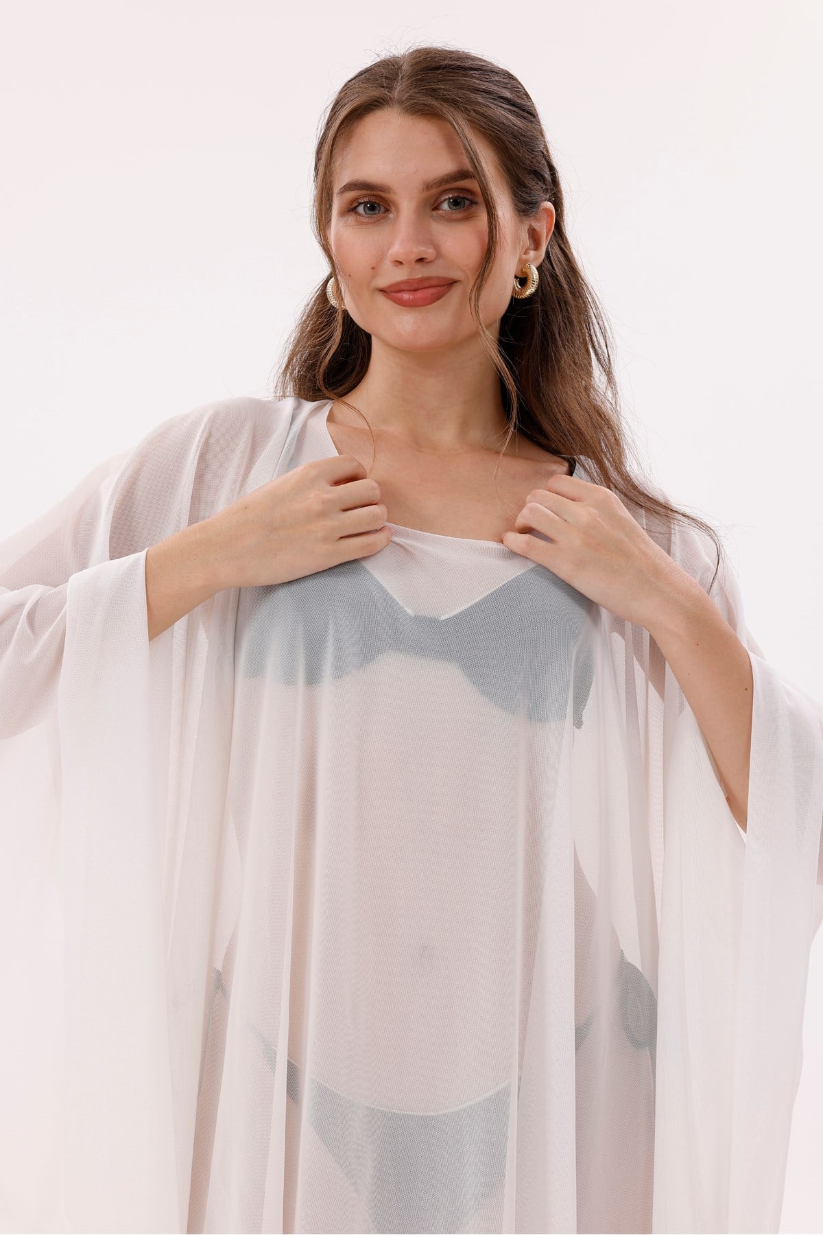 Kısa Kimono Pareo - Tesettür Pareo - Esnek Likralı Tül Beyaz 180x135 Cm