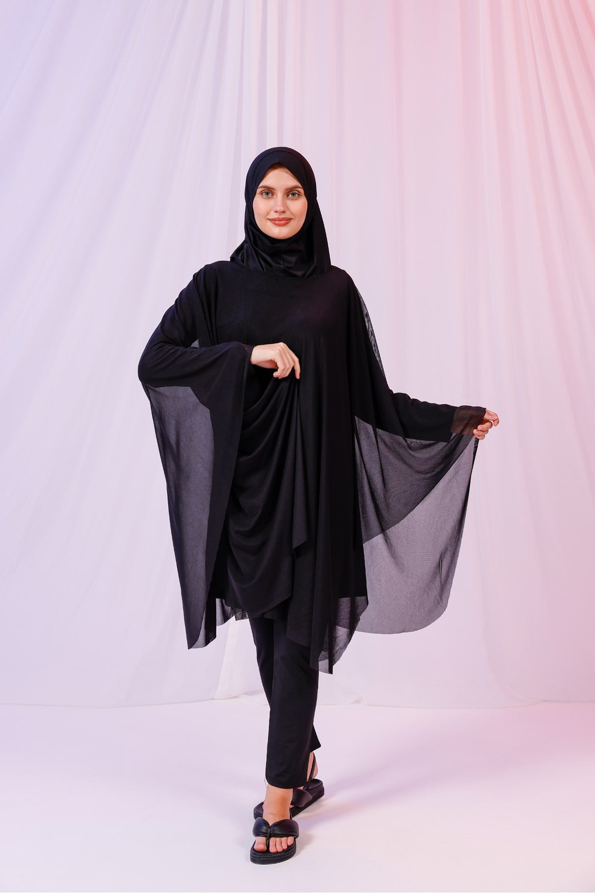 Kısa Kimono Pareo - Tesettür Pareo - Esnek Likralı Tül Siyah 180x135 Cm