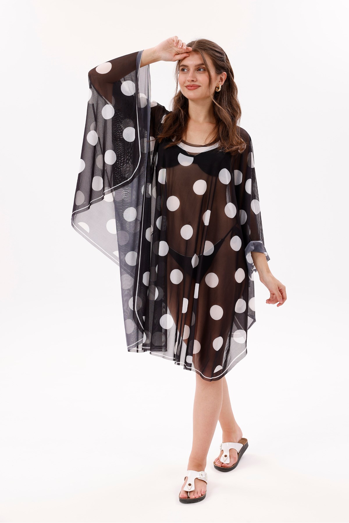 Kısa Kimono Pareo - Tesettür Pareo - Puantiyeli Siyah 180x135 Cm