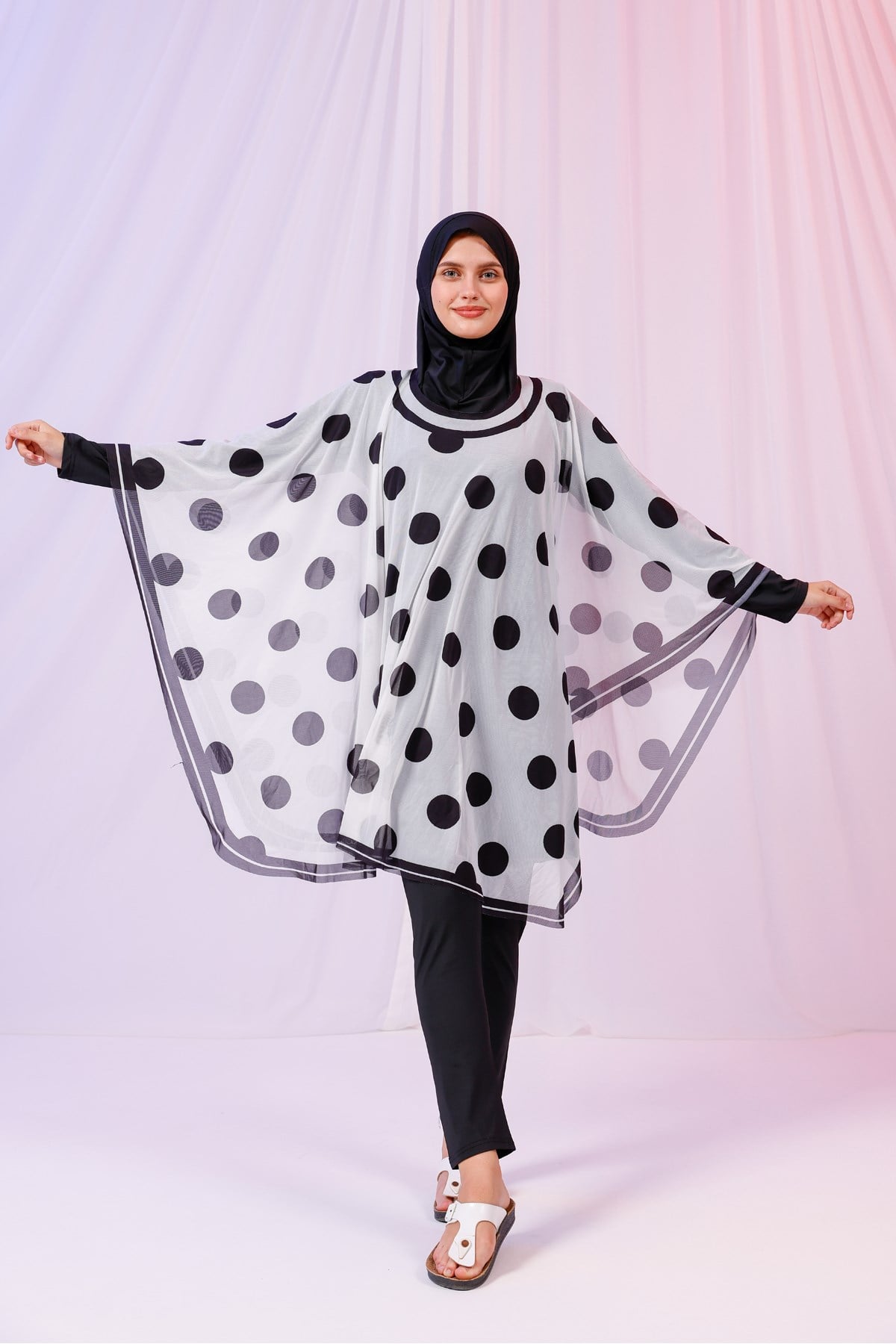 Kısa Kimono Pareo - Tesettür Pareo - Puantiyeli Beyaz 180x135 Cm