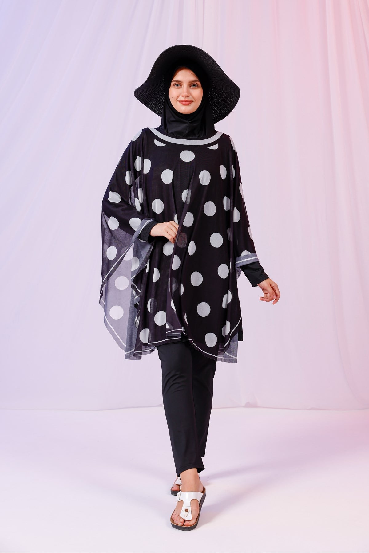 Kısa Kimono Pareo - Tesettür Pareo - Puantiyeli Siyah 180x135 Cm