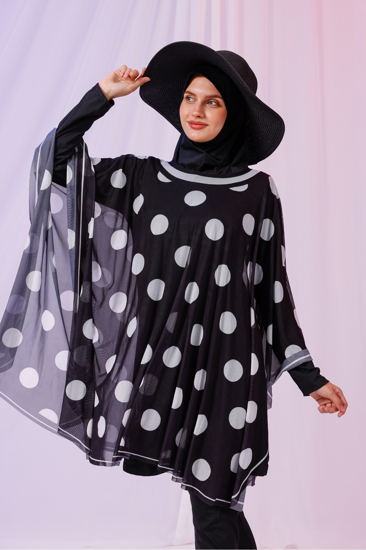 Kısa Kimono Pareo - Tesettür Pareo - Puantiyeli Siyah 180x135 Cm