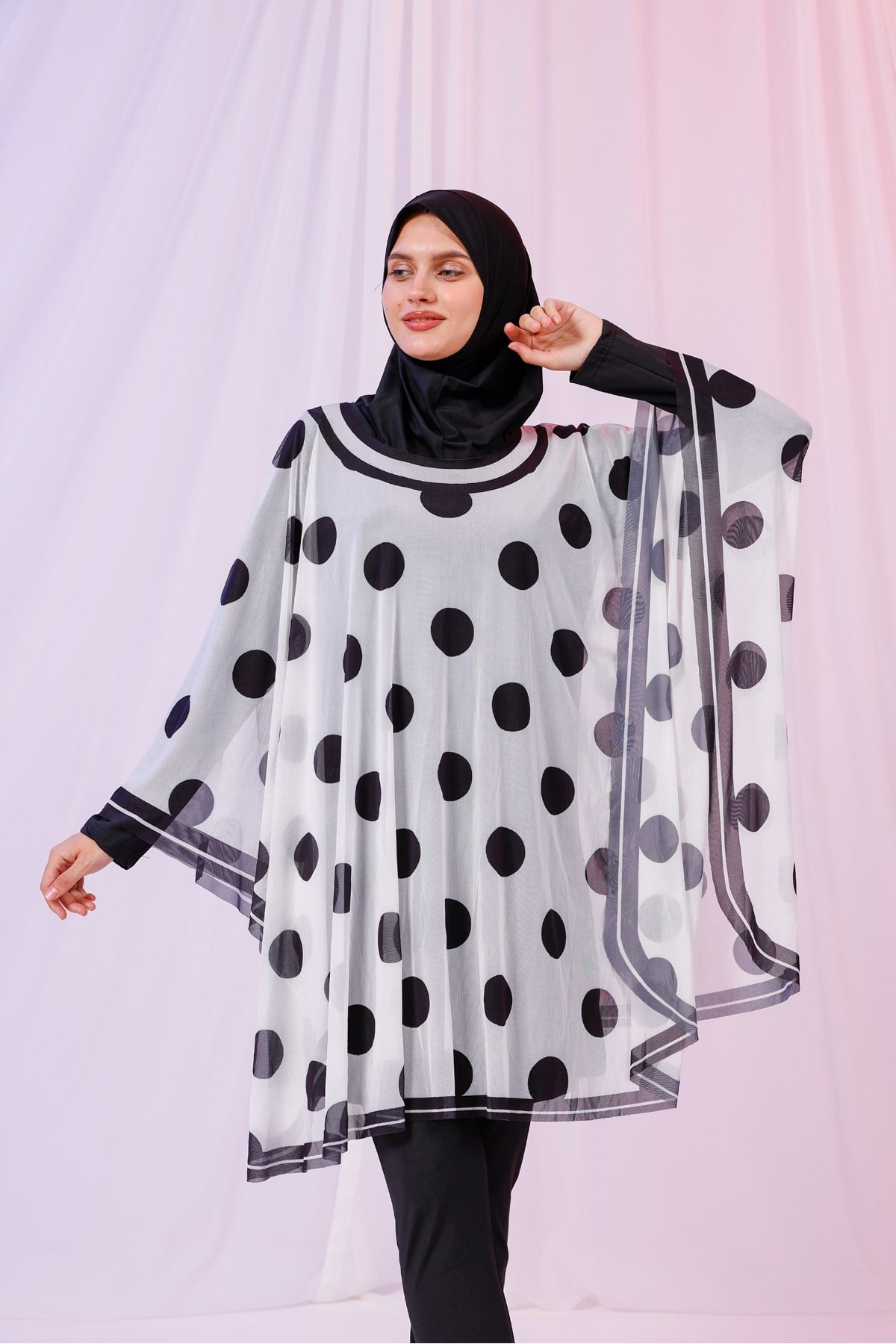 Kısa Kimono Pareo - Tesettür Pareo - Puantiyeli Beyaz 180x135 Cm