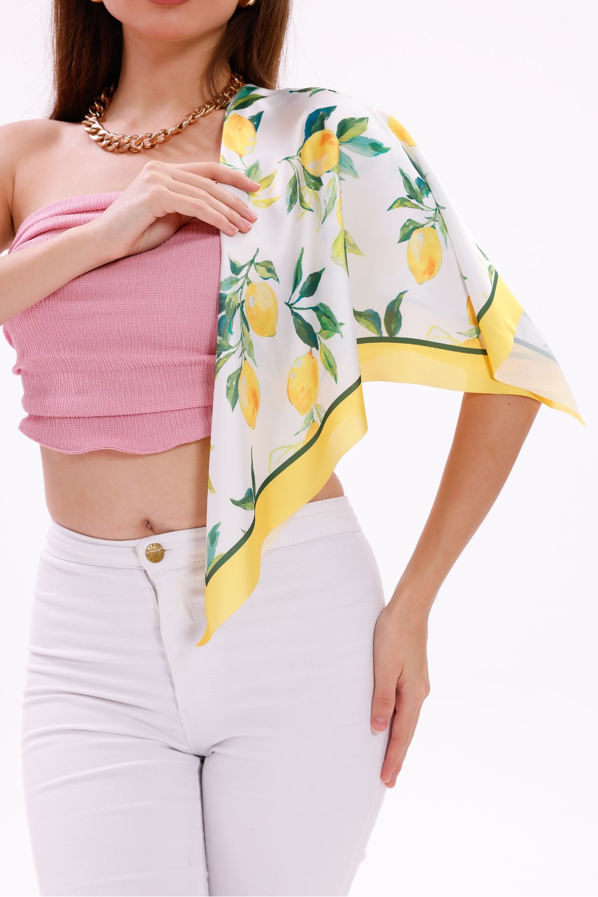 Limon Desenli - Mersin Fular Bandana Şal Estascarf 70x70 Cm