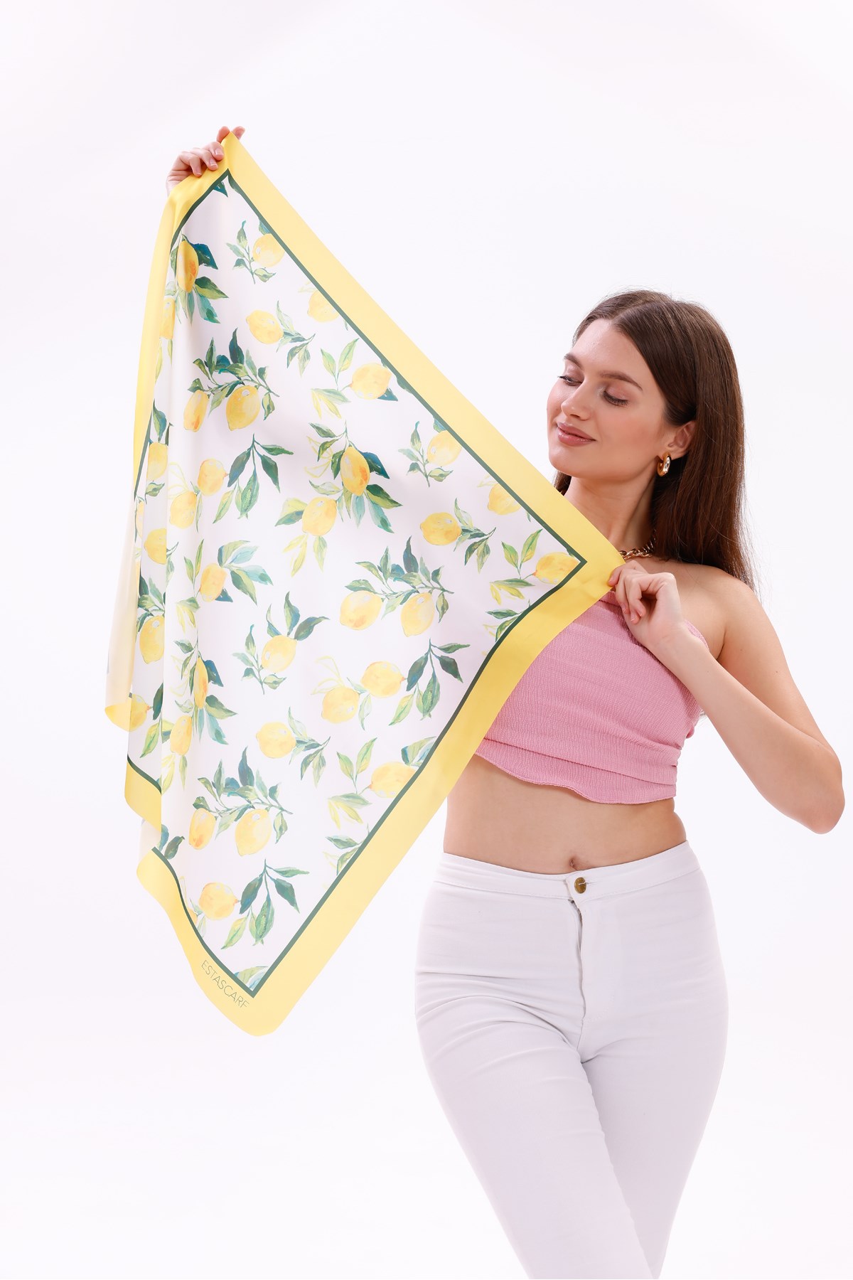 Limon Desenli - Mersin Fular Bandana Şal Estascarf 70x70 Cm