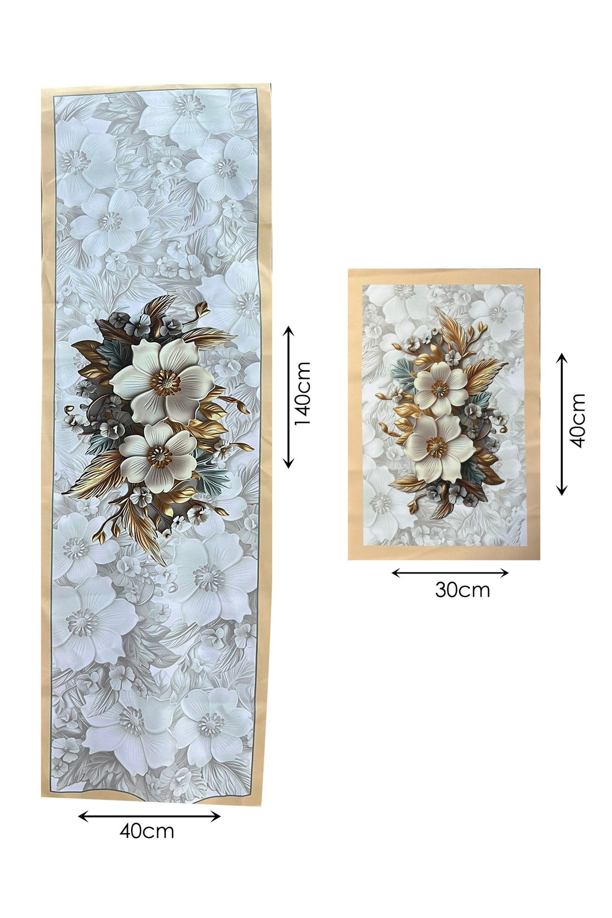 Magnolia Gold – 3D Çiçek Desenli Masa Runner & 4’lü Supla Takımı