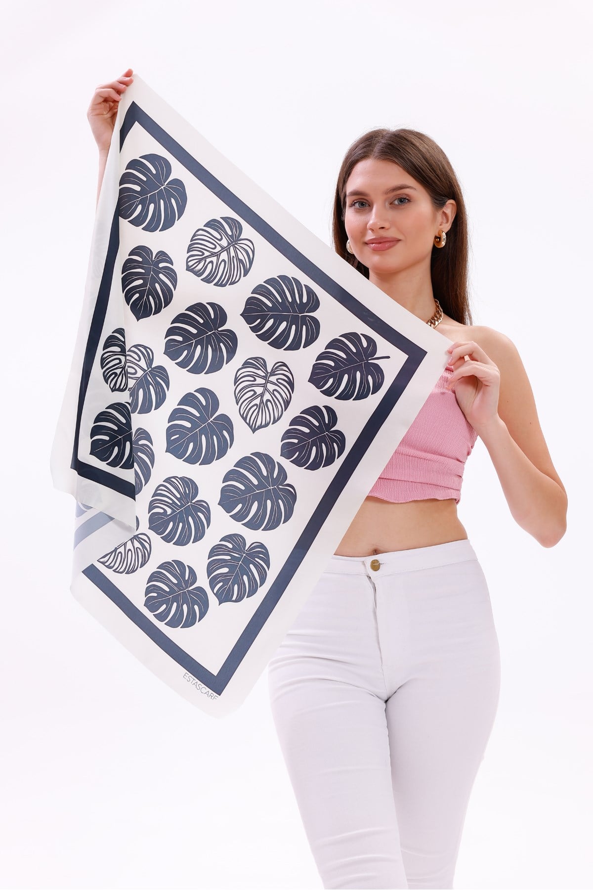 Monstera Yaprakları Model Fular Bandana Şal Estascarf 70x70 Cm