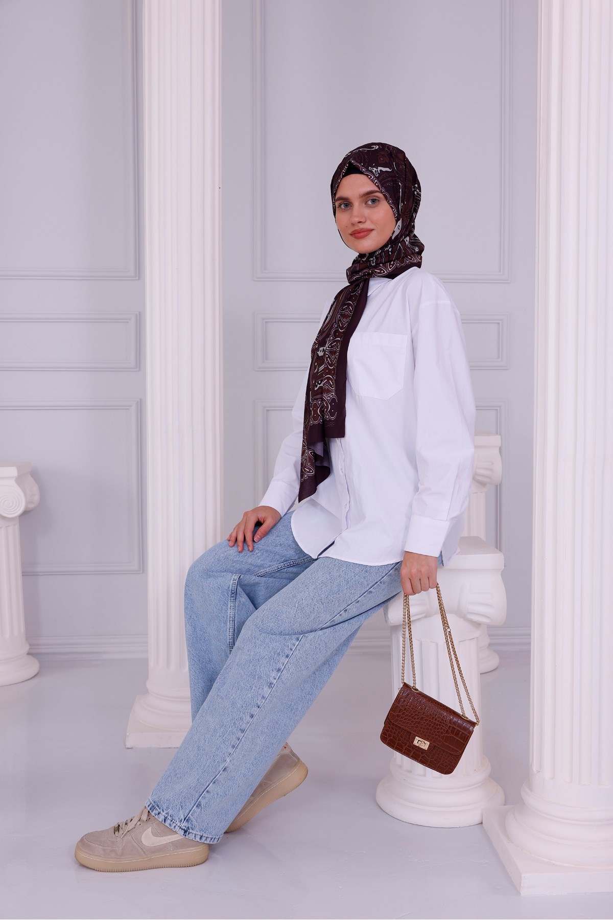 Retro Desenli Kadın Şal Bordo Estascarf