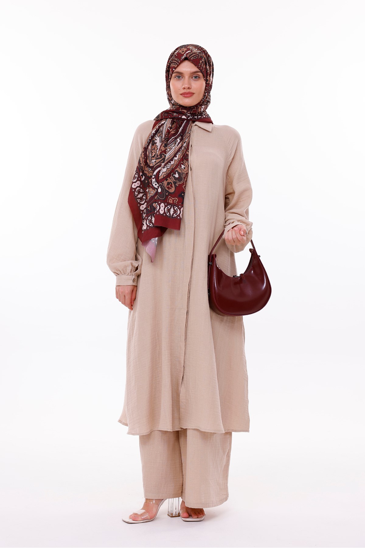 Retro Desenli Kadın Şal Bordo Estascarf