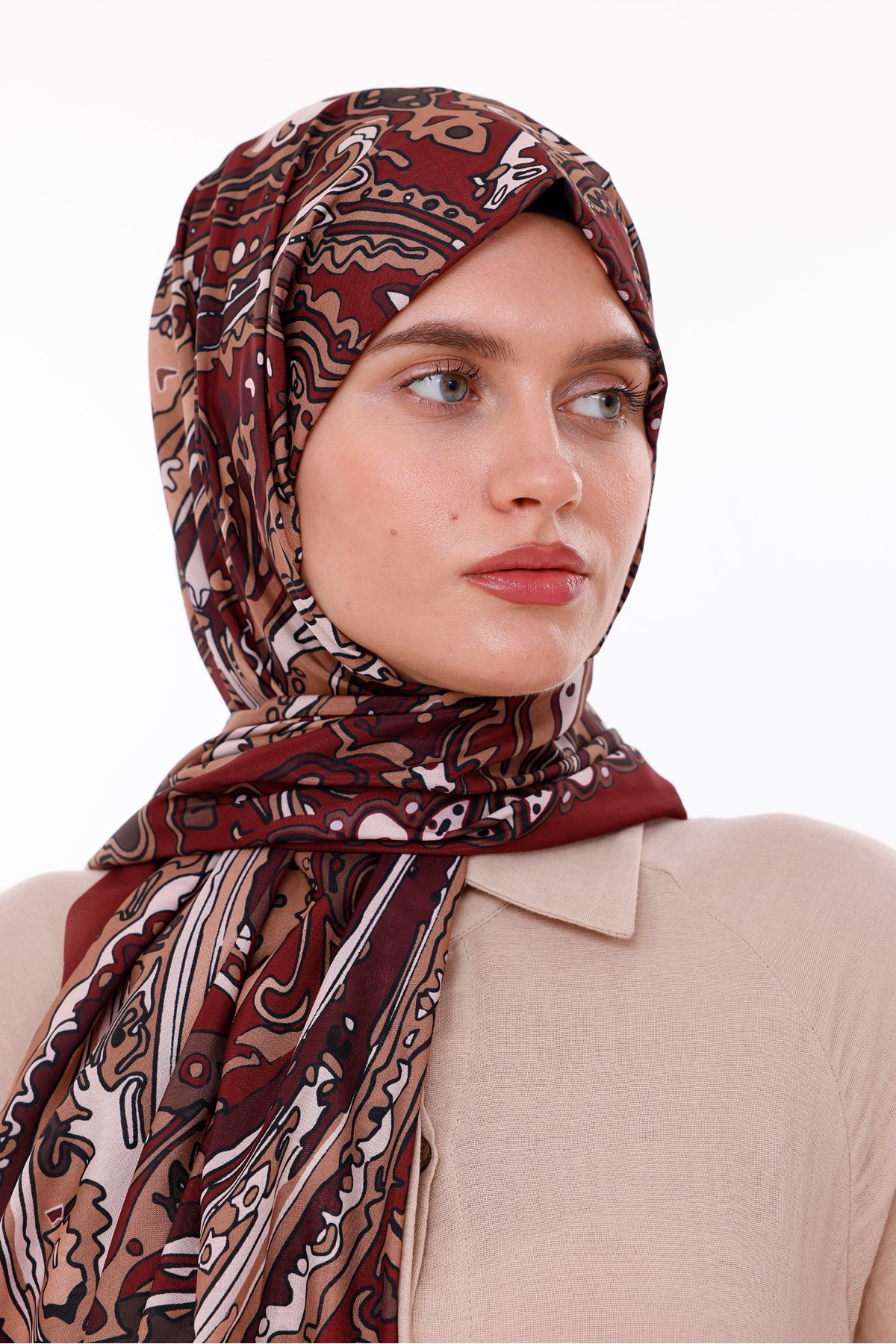 Retro Desenli Kadın Şal Bordo Estascarf
