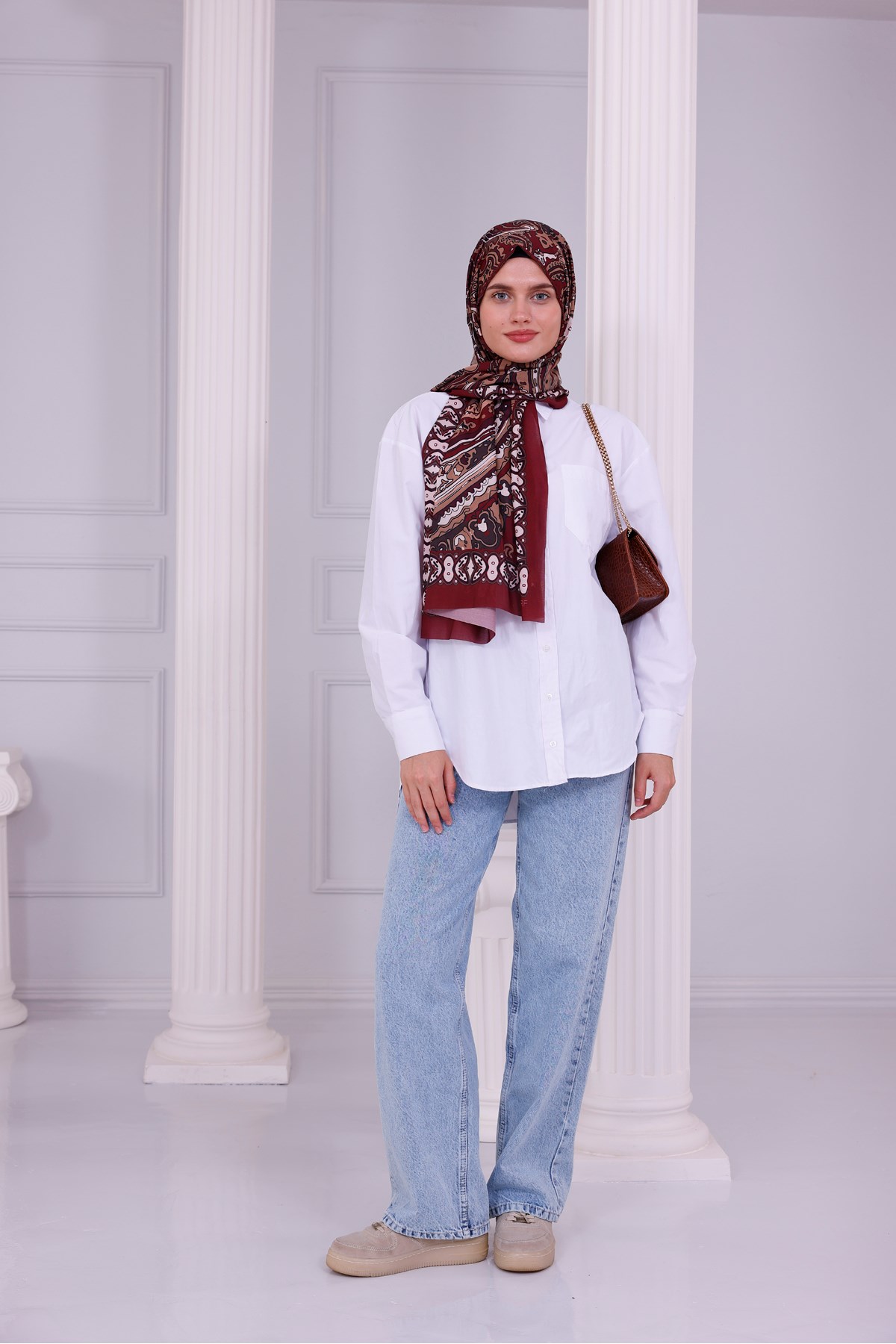 Retro Desenli Kadın Şal Bordo Estascarf