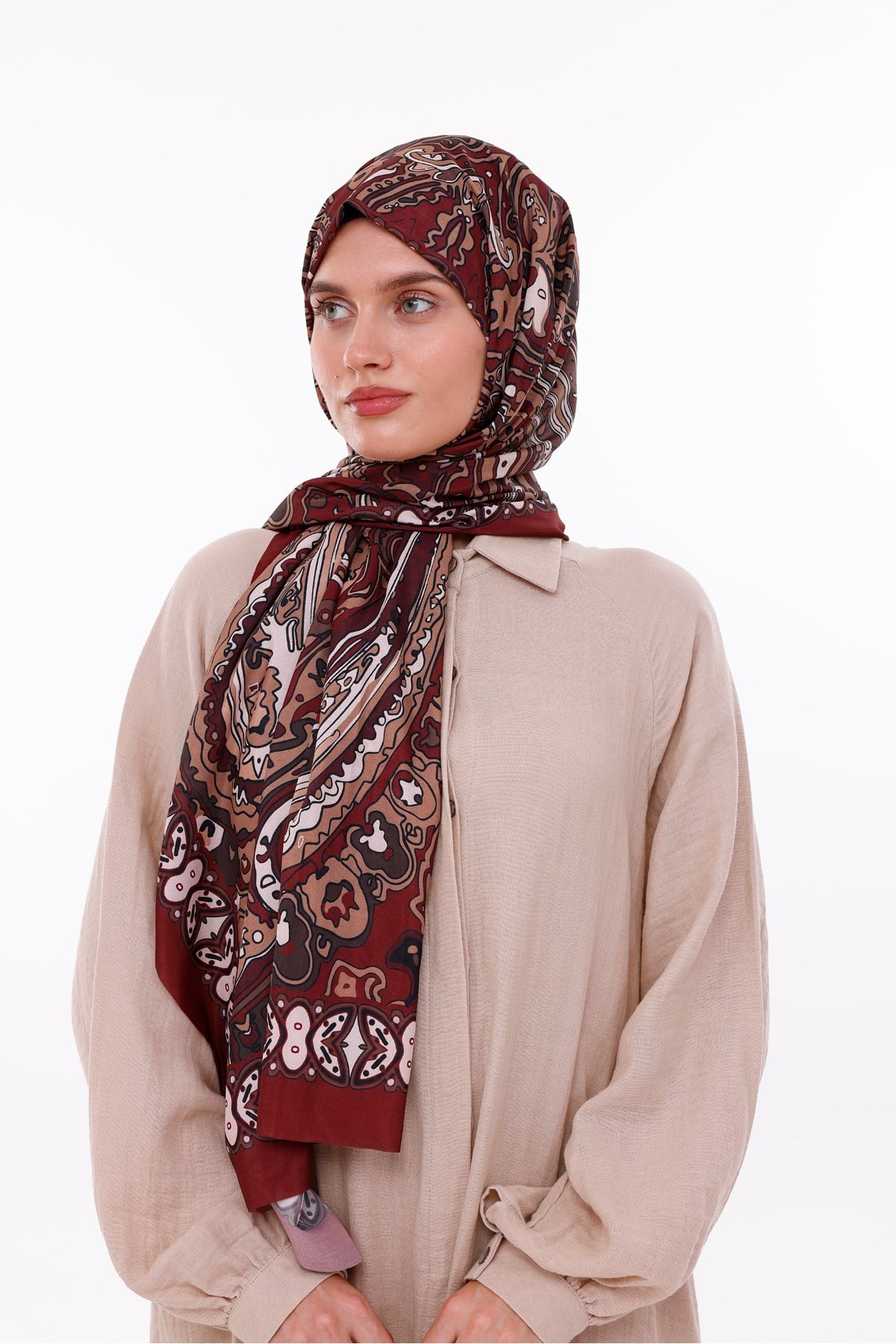 Retro Desenli Kadın Şal Bordo Estascarf
