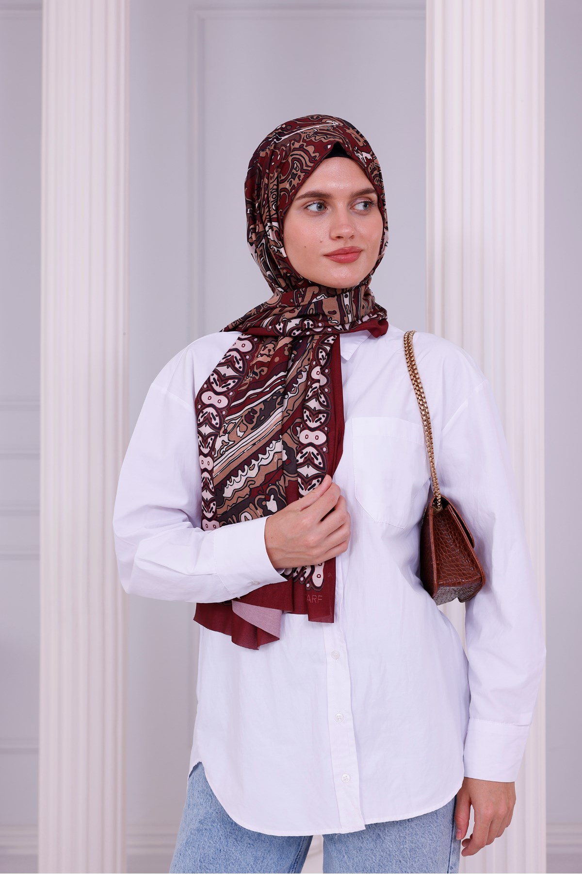 Retro Desenli Kadın Şal Bordo Estascarf