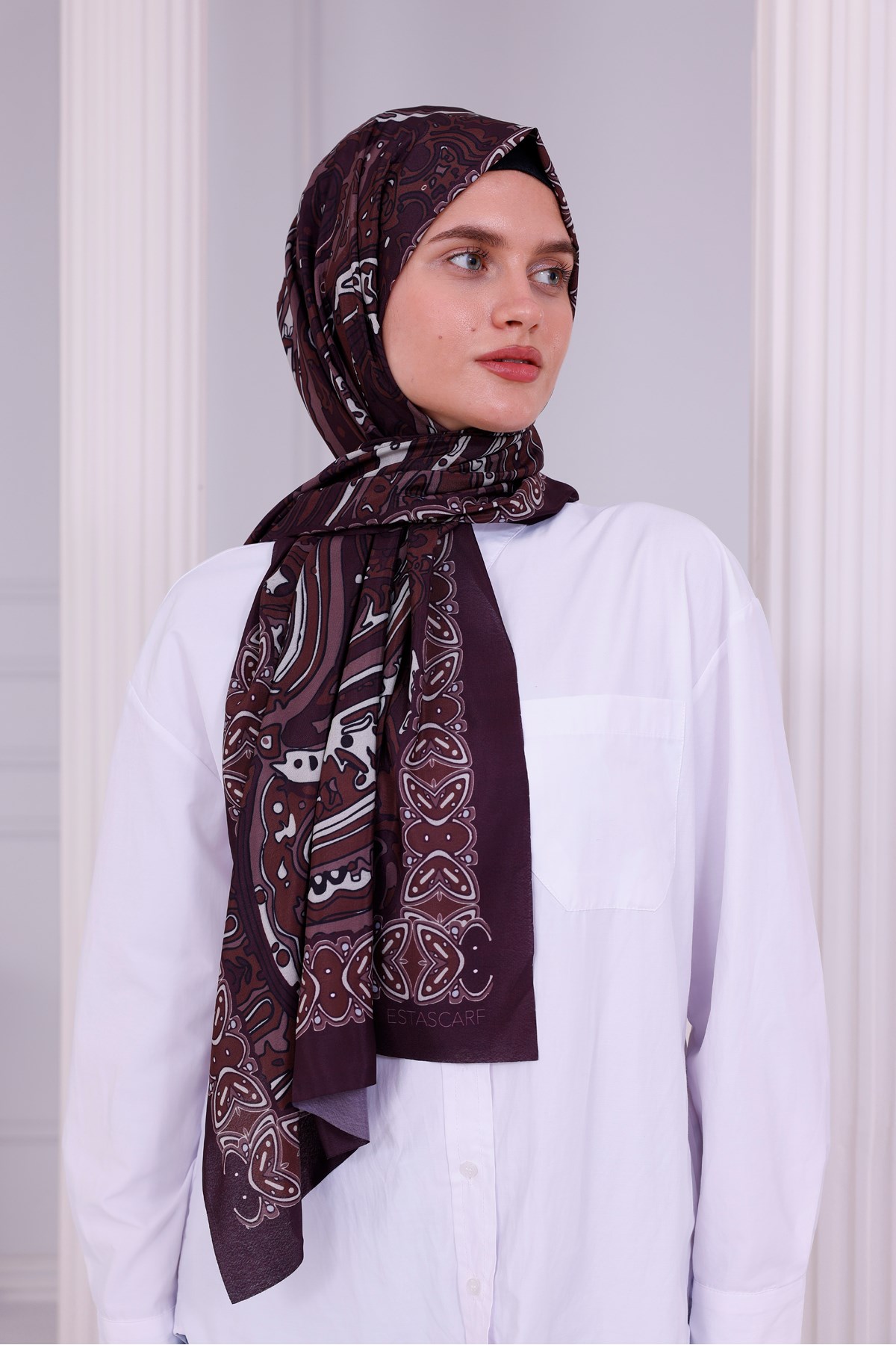 Retro Desenli Kadın Şal Bordo Estascarf